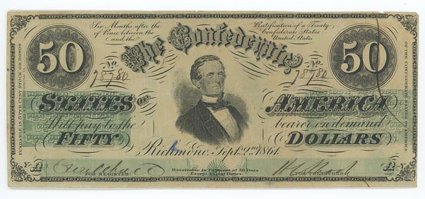 $50 Confederate States of America banknote 1861 Civil War