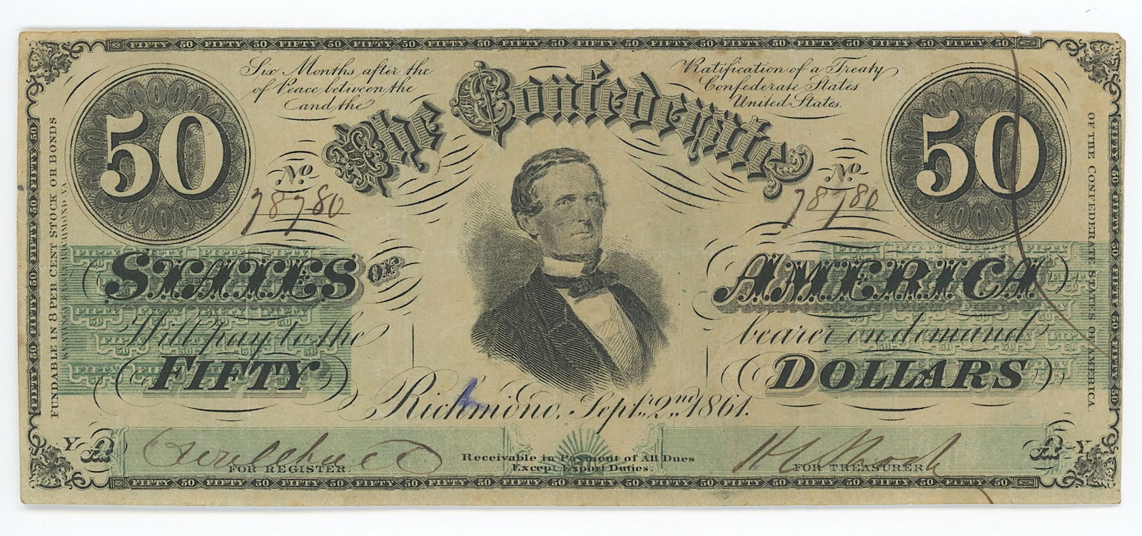 $50 Confederate States of America banknote 1861 Civil War (1 of 2)