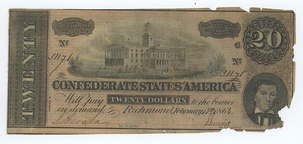 $20 Confederate States of America banknote 1864 Civil War