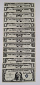 14 Consecutive 1957 B $1 silver certificates with blue seals