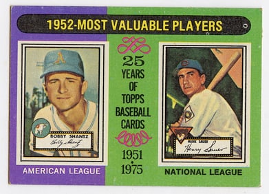1975 Topps 1952 MVPs Bobby Shantz Hank Sauer 190 Athletics Cubs