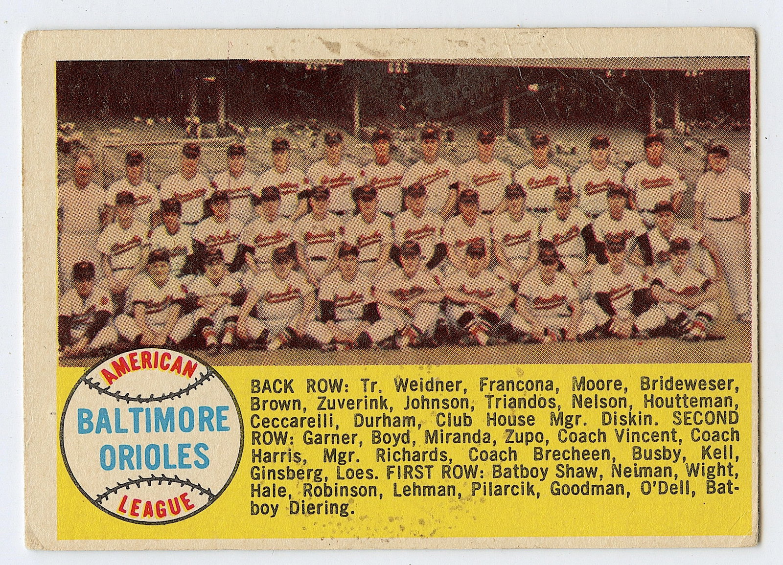 1958 Topps Alphabetical Listining Baltimore Orioles #408 (1 of 2)
