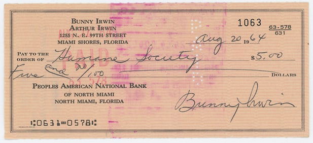 Scarce BUNNY YEAGER Vintage 1964 Scarce Hand Signed Bank Check