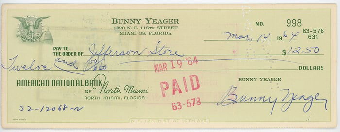 Scarce BUNNY YEAGER Vintage 1964 Scarce Hand Signed Bank Check