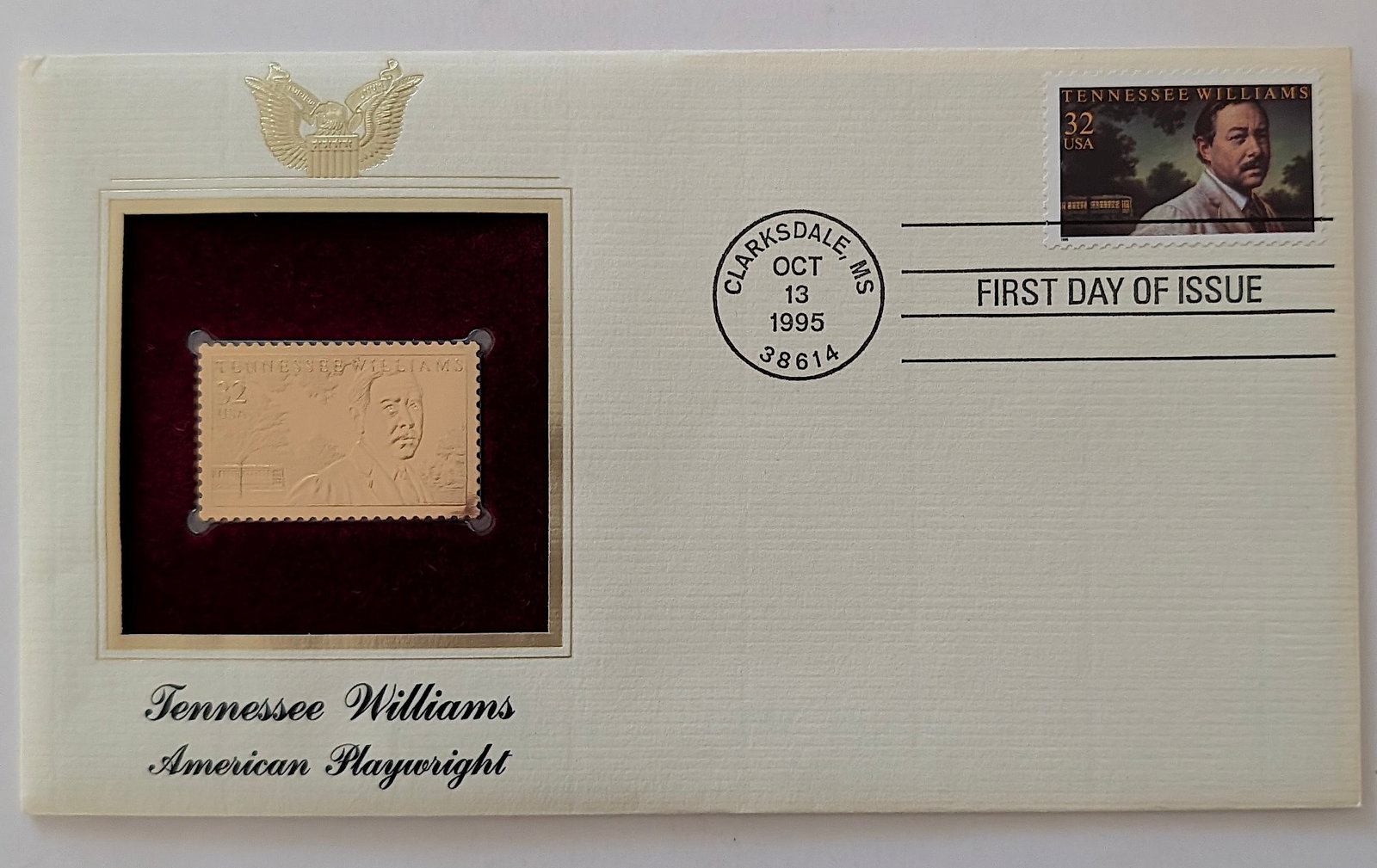 1995 First Day of Issue Tennessee Williams American Playwright Gold Plated Stamp (1 of 3)