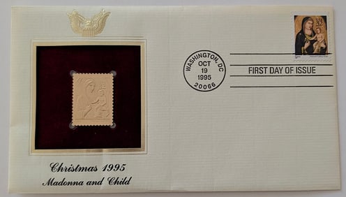 1995 First Day of Issue Christmas Madonna and Child Gold Plated Stamp