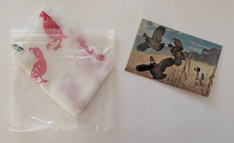Vintage Handkerchief and a Postcard Featuring a Illustration Quail