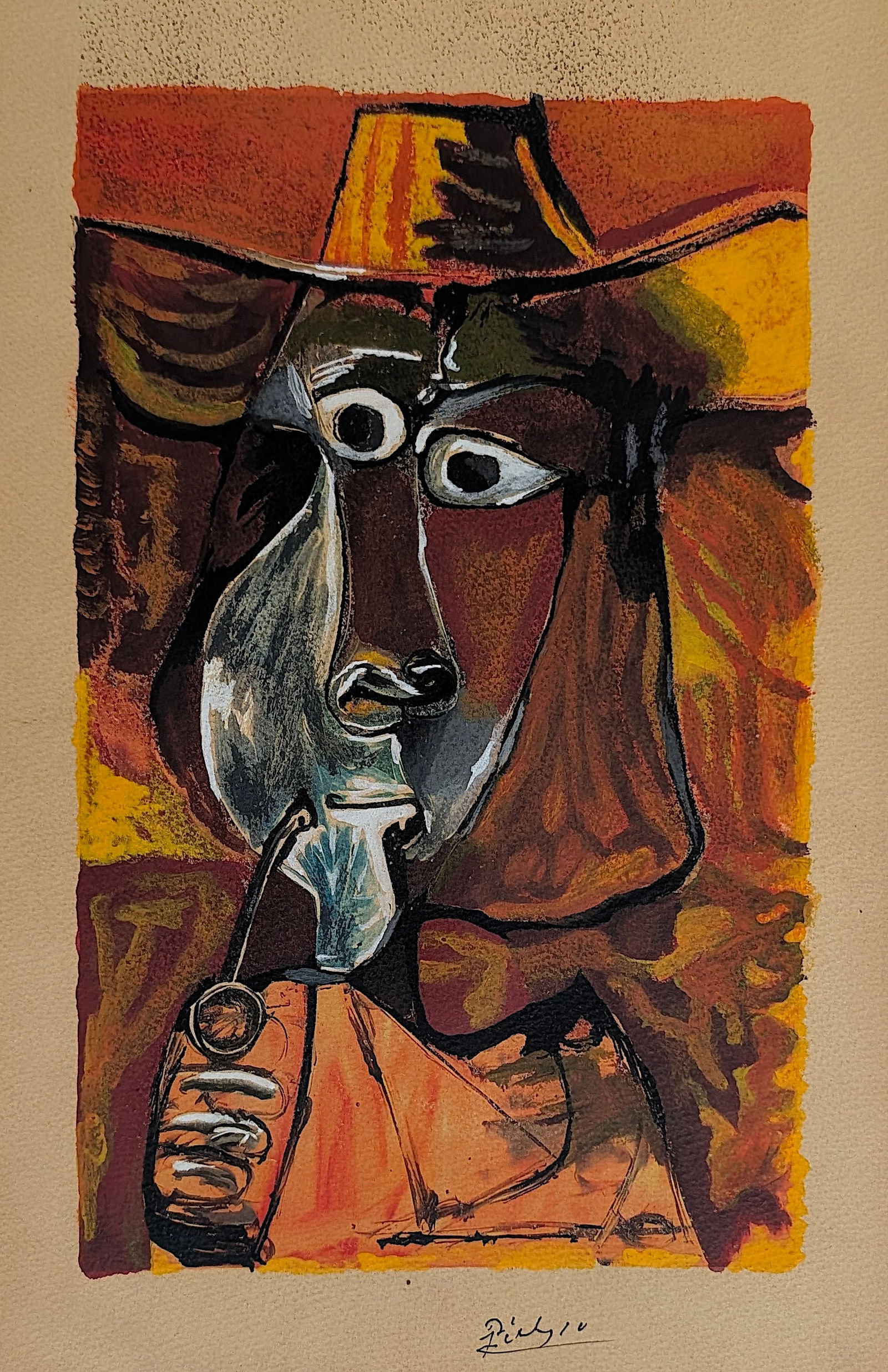 PICASSO - Smoker - Vintage Hand Enhanced Lithograph: PABLO PICASSO - Smoker, 1969. Provenance: from the heirs of a private collector in South America who acquired the work from galleries in Spain during the second half of the 20th Century. This piece ha