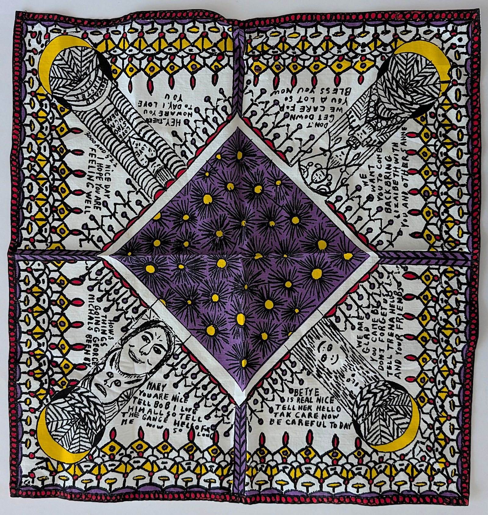 Howard Finster (1916 - 2001) handkerchief 20" x 20", 1984: From the estate of Mr. Ira Licht (1938–2023) — a distinguished art historian, curator, and museum director. Mr. Licht was educated at Columbia College, where he studied art history. He later