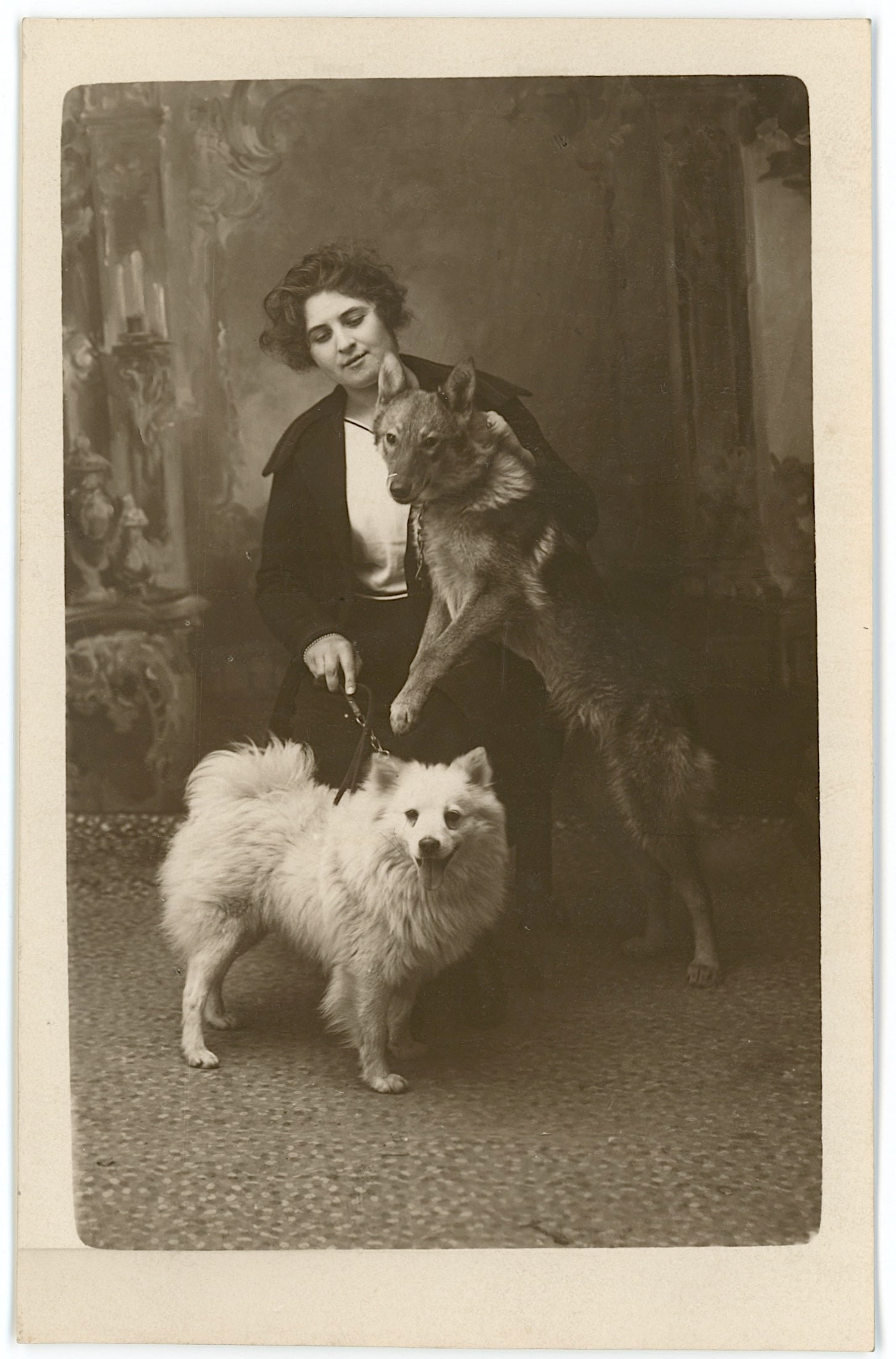 Vintage Real Scarce Photo PC Portrait Woman with Two Dogs: ABOUT POSTCARDS: The study and collecting of postcards is termed deltiology (from Greek deltion, small writing tablet, and English -logy, the study of). Rarity. As with all antique items, rarity bring