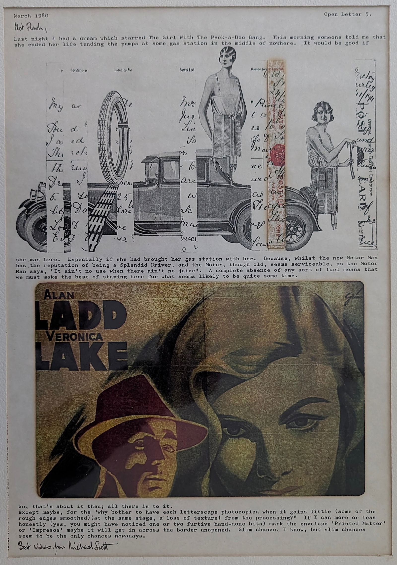 MICHAEL SCOTT (1934-1988) Correspondence Collage, 1980: ABOUT THE ARTIST: Michael Scott (1934–1988) was a British mail artist based in Leeds who was active in the 1970s and 80s network, known for his intimate "one to one" correspondence, collages, and st