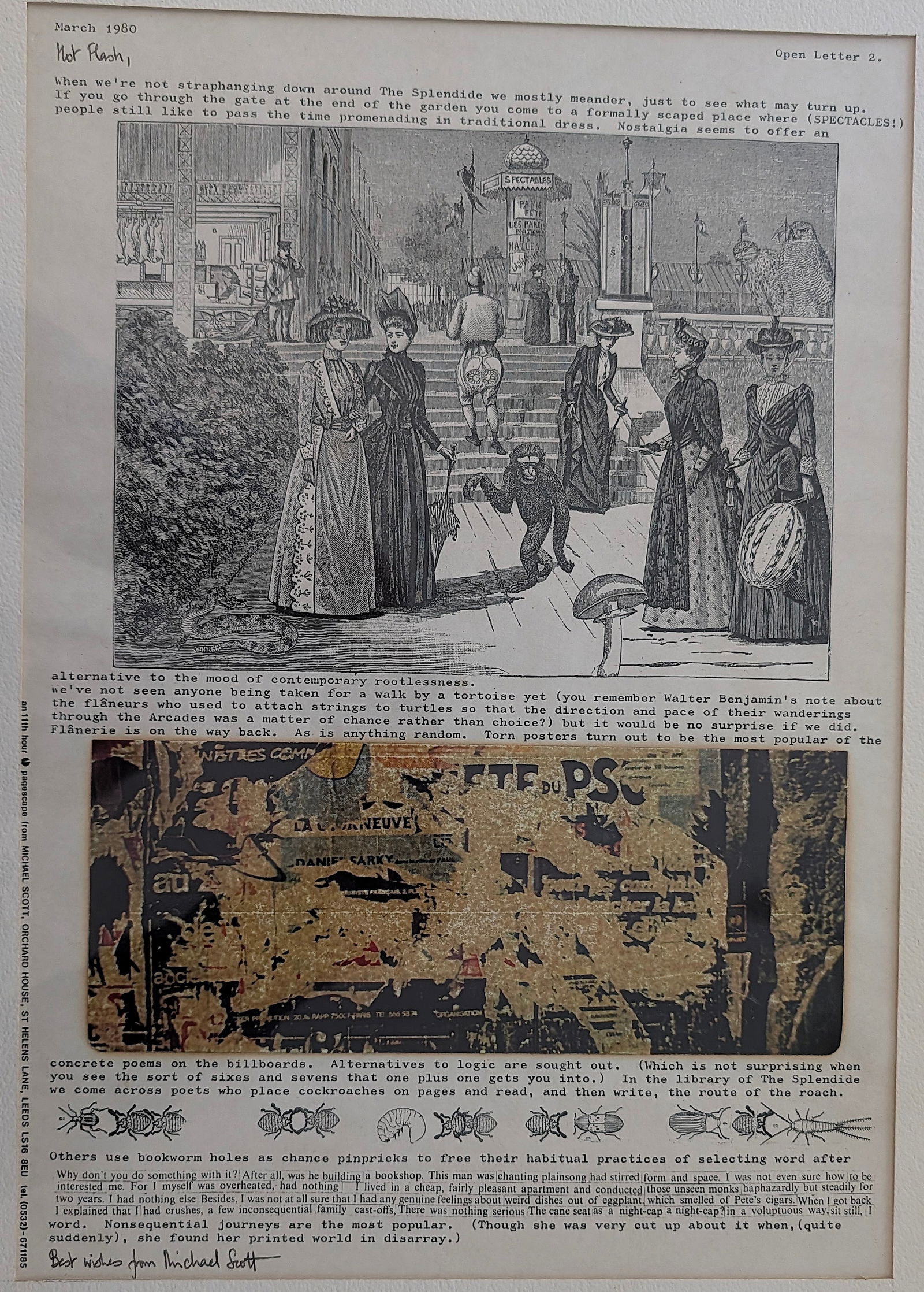 MICHAEL SCOTT (1934-1988) Correspondence Collage, 1980: ABOUT THE ARTIST: Michael Scott (1934–1988) was a British mail artist based in Leeds who was active in the 1970s and 80s network, known for his intimate "one to one" correspondence, collages, and st