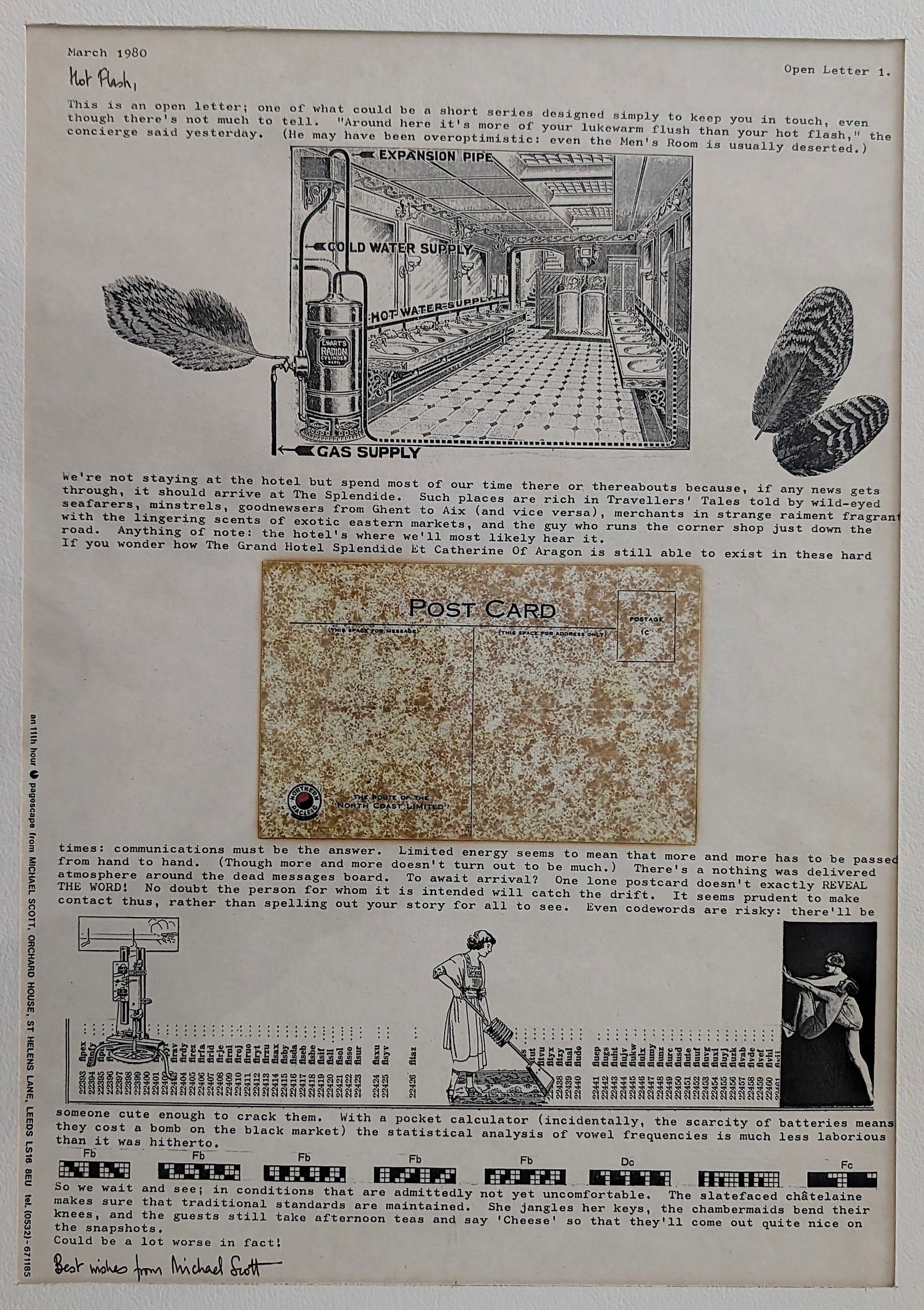 MICHAEL SCOTT (1934-1988) Correspondence Collage, 1980: ABOUT THE ARTIST: Michael Scott (1934–1988) was a British mail artist based in Leeds who was active in the 1970s and 80s network, known for his intimate "one to one" correspondence, collages, and st