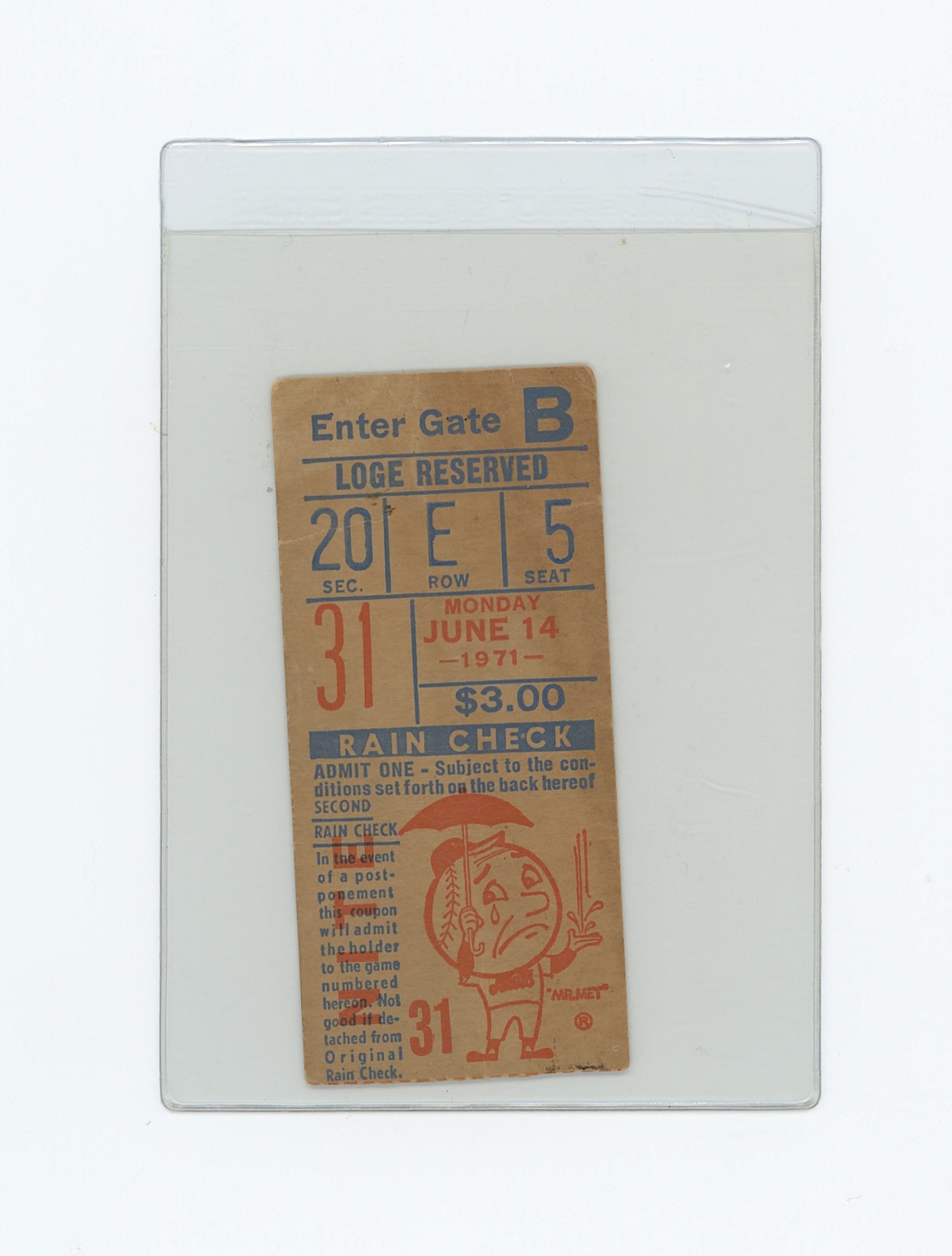 1971 June 14 NY New York Mets Cincinnati Reds Ticket (1 of 2)