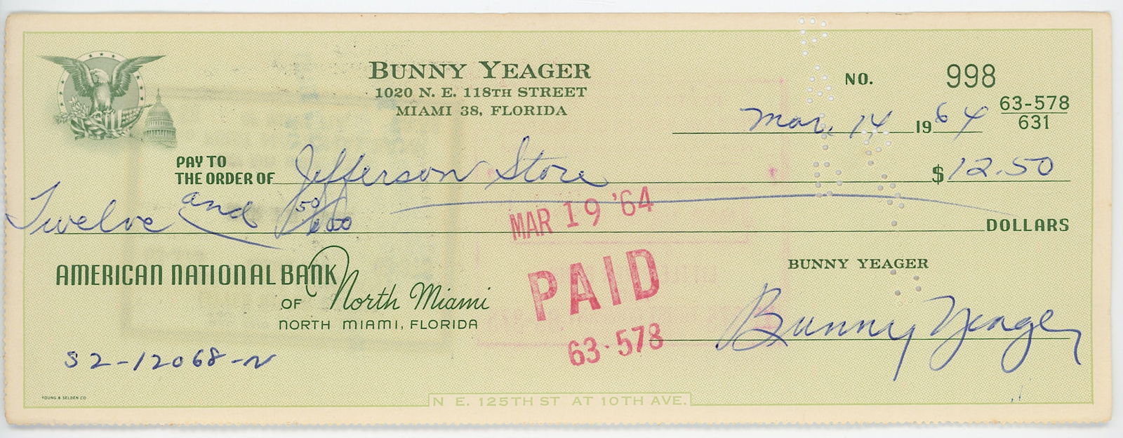 Scarce BUNNY YEAGER Vintage 1964 Scarce Hand Signed Bank Check (1 of 2)