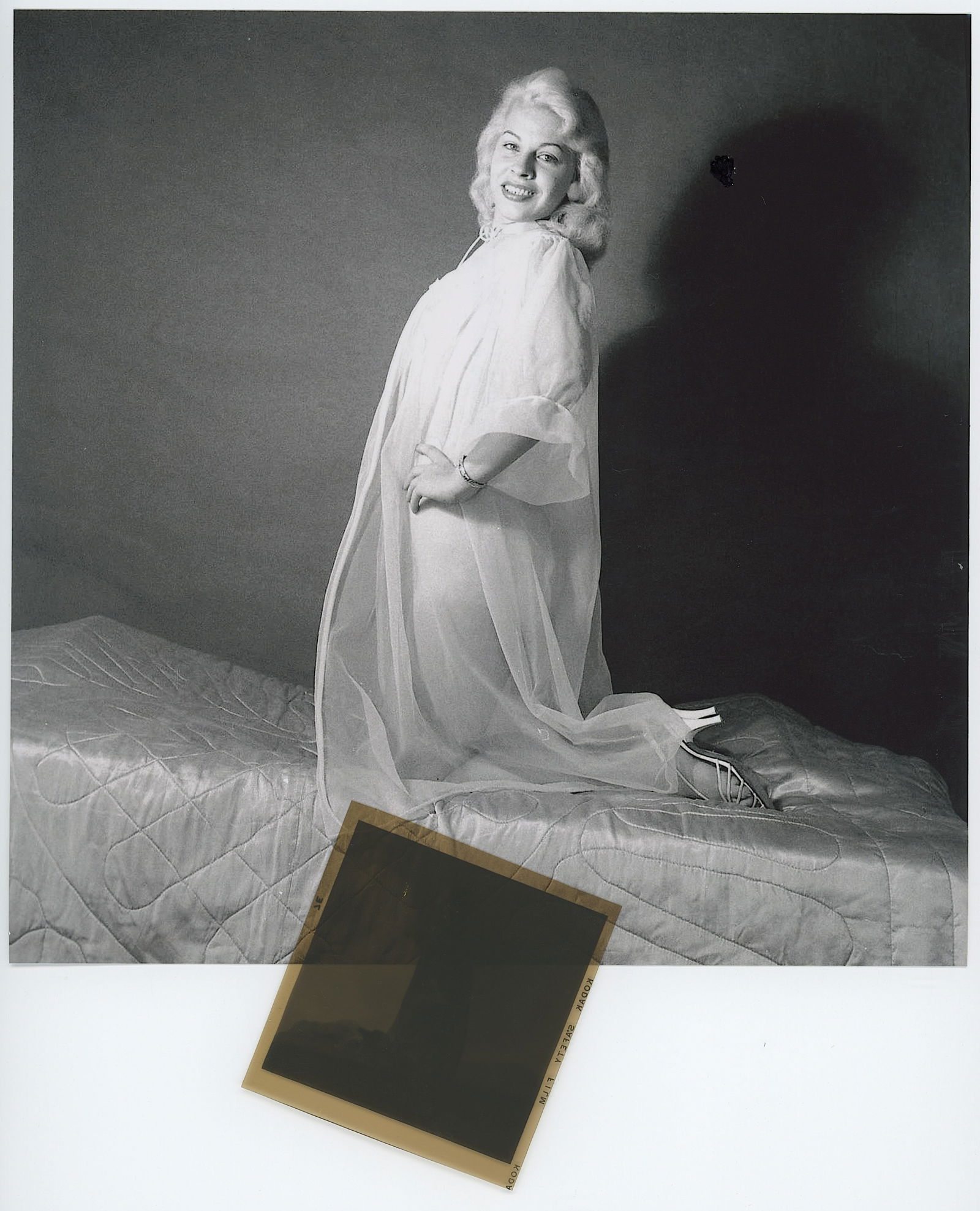 1950s BUNNY YEAGER Pin-Up Negative Photograph of CHARLENE HERMAN Copyright Transfer: This includes an original Bunny Yeagers Negative photograph with Pin-Up Model in Studio, a printed photo (Fujifilm dimensions 8" x 8") and a Copyright Transfer Agreement from Grapefruit Moon Gallery.
