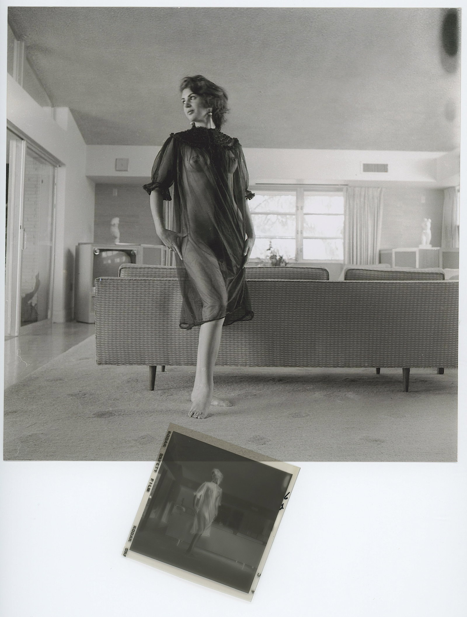 1950s BUNNY YEAGER Pin-Up Negative Photograph of KIM LOREN Copyright Transfer: This includes an original Bunny Yeagers Negative photograph with Pin-Up Model in Studio, a printed photo (Fujifilm dimensions 8" x 8") and a Copyright Transfer Agreement from Grapefruit Moon Gallery.