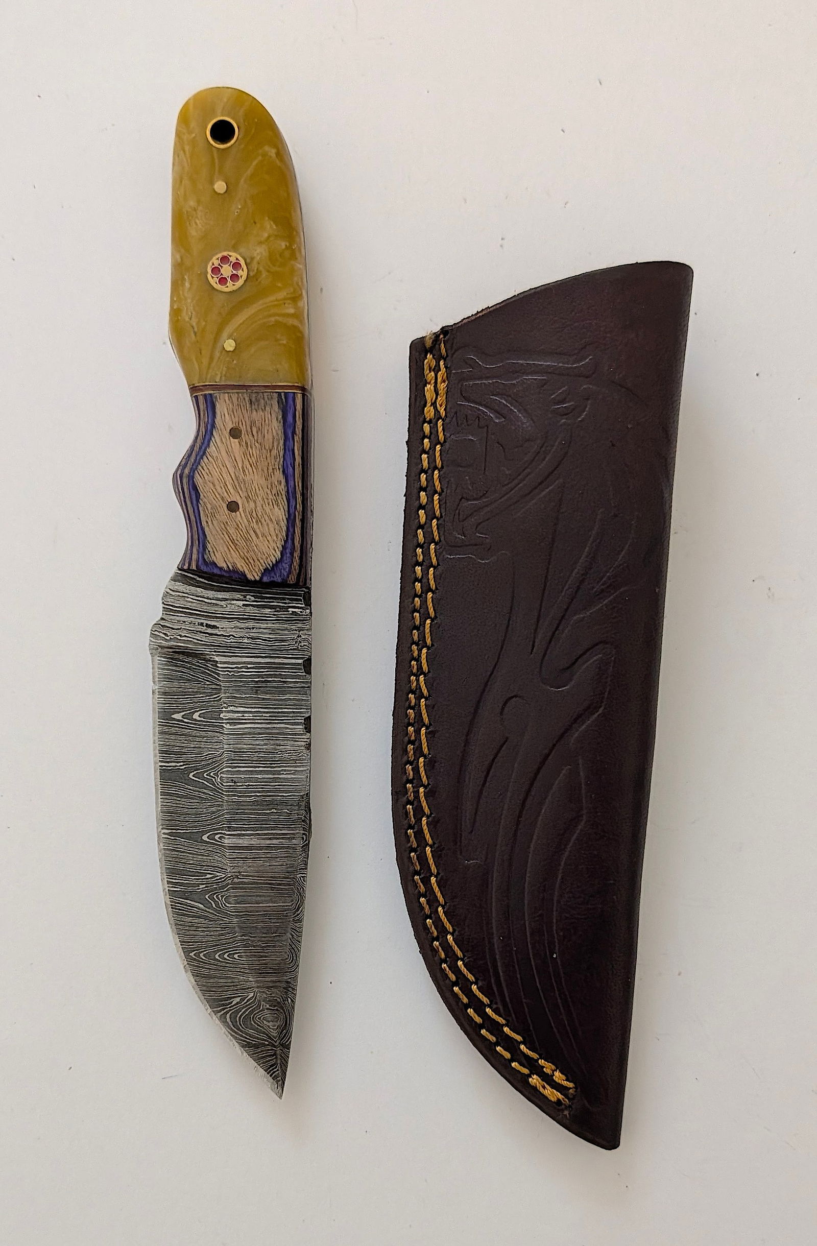 Handcrafted Heirloom Damascus Steel Knife with Leather Sheath OPP! (1 of 2)