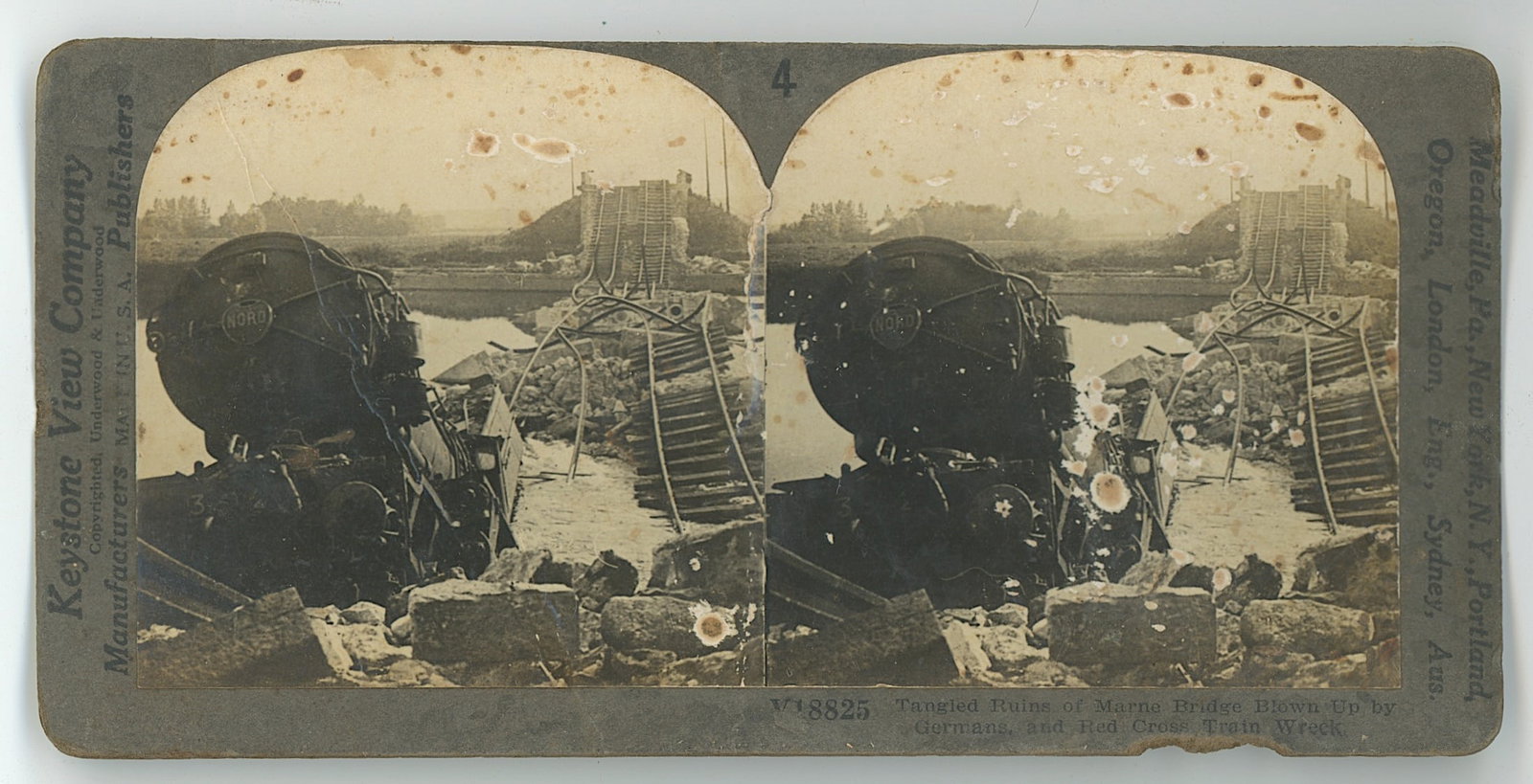 Antique Real Photo Original Stereoview WAR TRAIN WRECK (1 of 2)