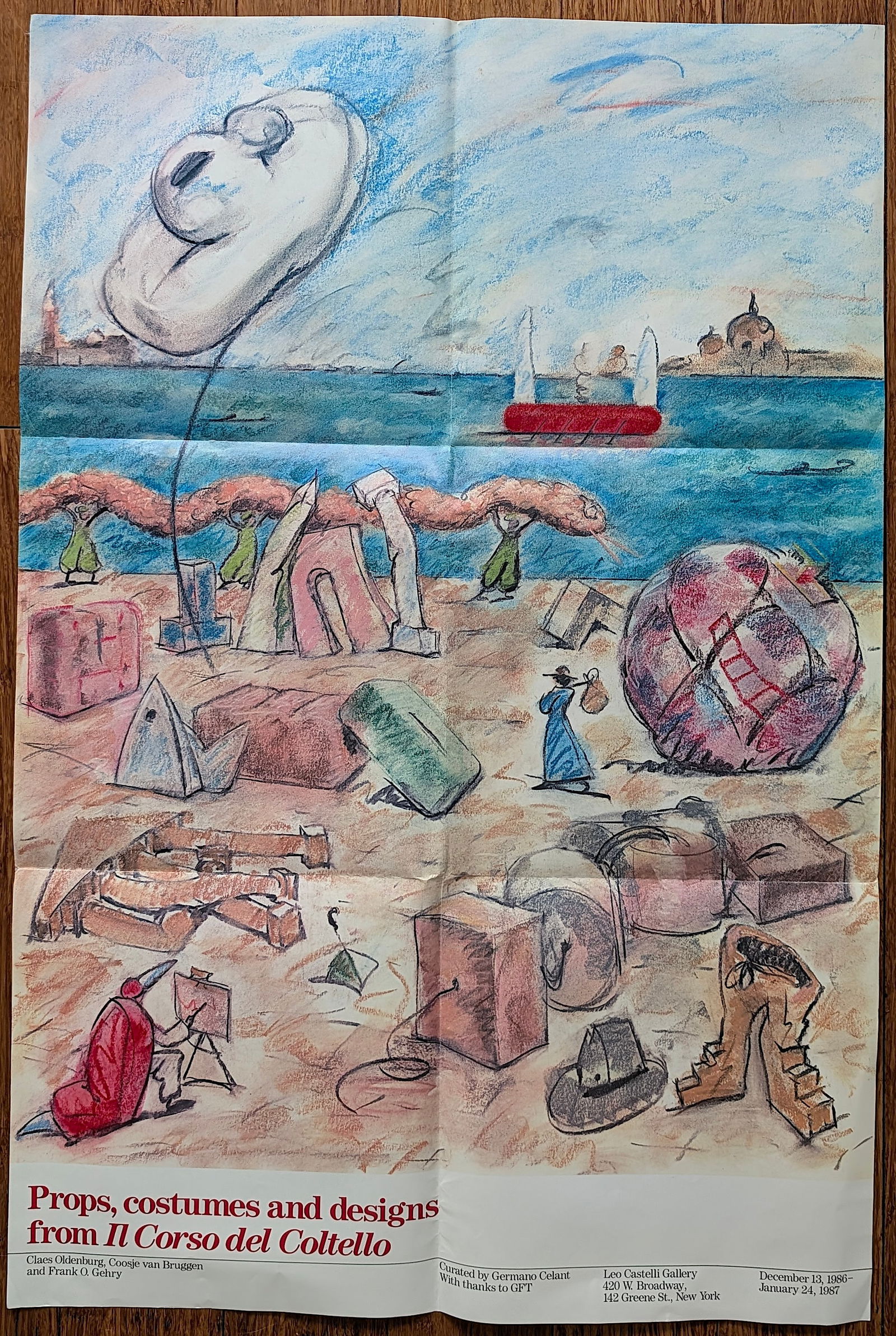 Poster Exhibition "Props, Costumes and Designs from Il Corso del Coltello": Poster for the exhibition "Props, costumes and designs from Il Corso del Coltello" by Claes Oldenburg and Coosje van Bruggen, in collaboration with Frank Gehry. The dimensions are Approx. 39" x 26". F