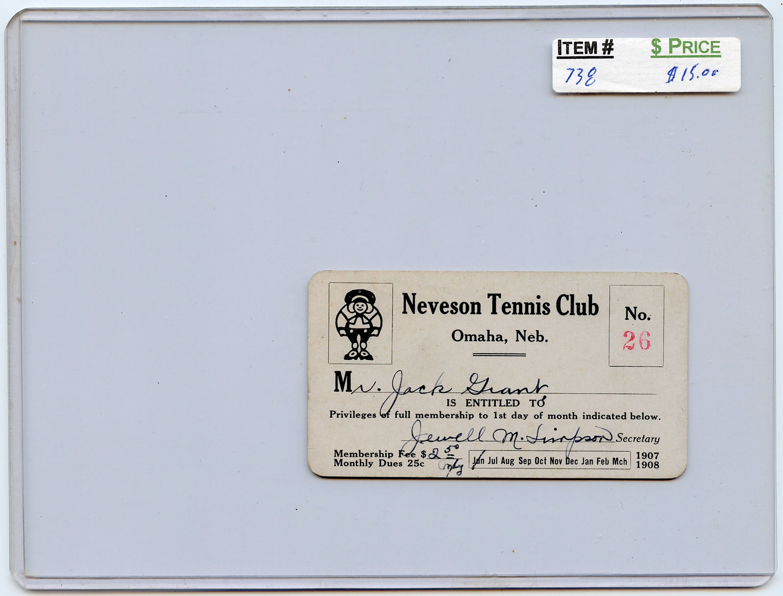 Vintage Ephemera Card Neveson Tennis Club, Omaha, Neb. 1907-08 (1 of 2)