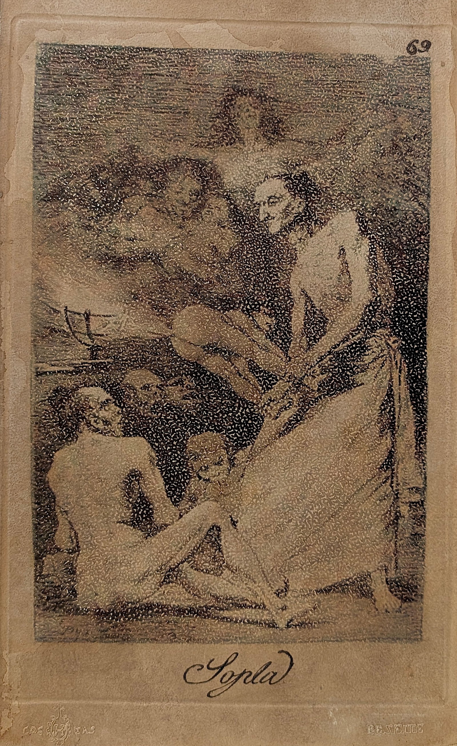 Plate 69 Titled "Sopla" By Francisco Goya Serie Los Caprichos: Plate 69 Titled "Sopla" By Francisco Goya Serie Los Caprichos created in 1799. Provenance: from the heirs of a private collector in South America who acquired the work from galleries in Spain during t