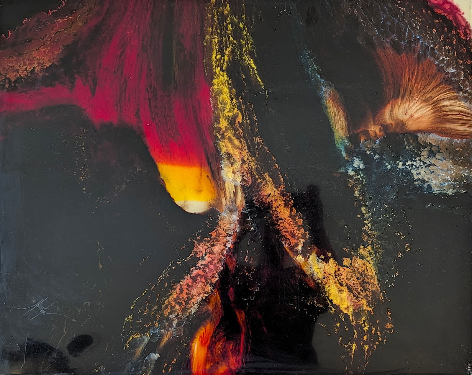 Vintage Original Abstract Fluid Art @ SIGNED: The provenance is from a deceased collector in South Florida. The medium is fluid art on wood and covered with resine. The dimensions are Approx. 30"" x 24". We have included quality images to show it