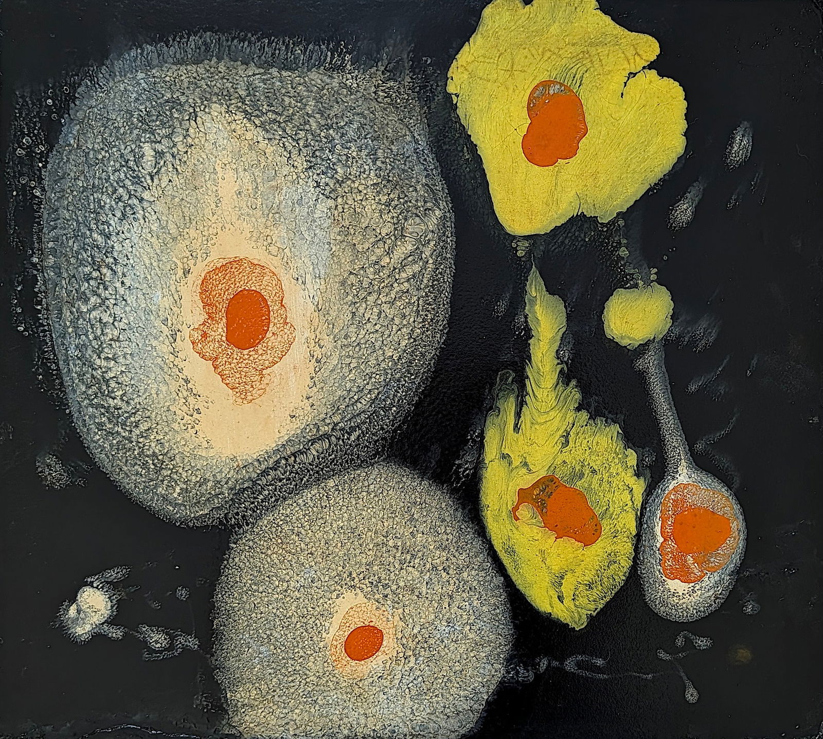 Vintage Original Abstract Fluid Art on Wood: The provenance is from a deceased collector in South Florida. This quality print is unsigned, artist from the 20th C. to be researched. The dimensions are Approx. 20" x 22". We have included quality i