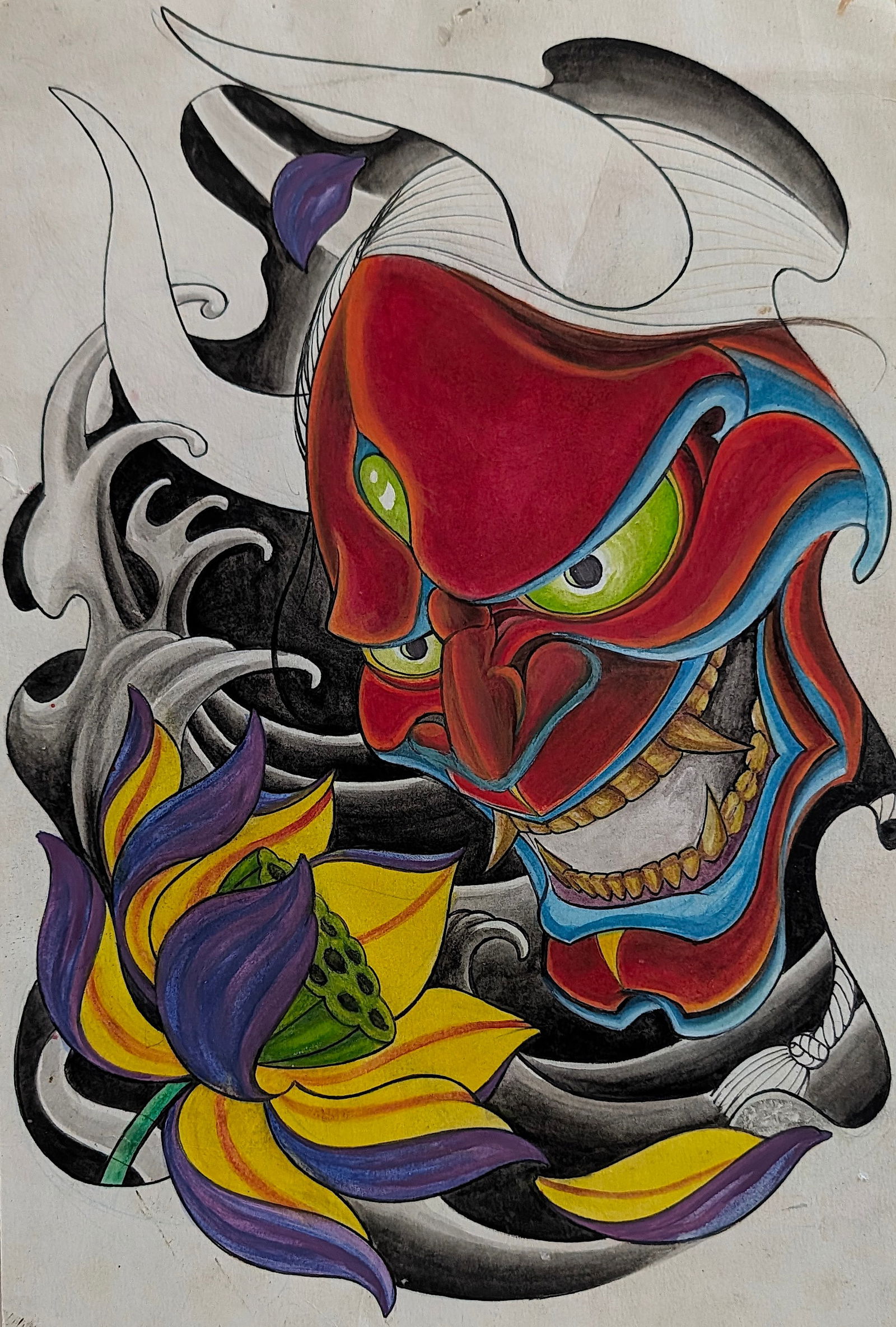 Original Vintage Hand Painted Tattoo Artistic Illustration Design: This quality print is unsigned, artist. to be researched. The dimensions are Approx. 18" x 12". We have included quality images to show it's actual condition. This lot is located in Boca Raton, Fl and