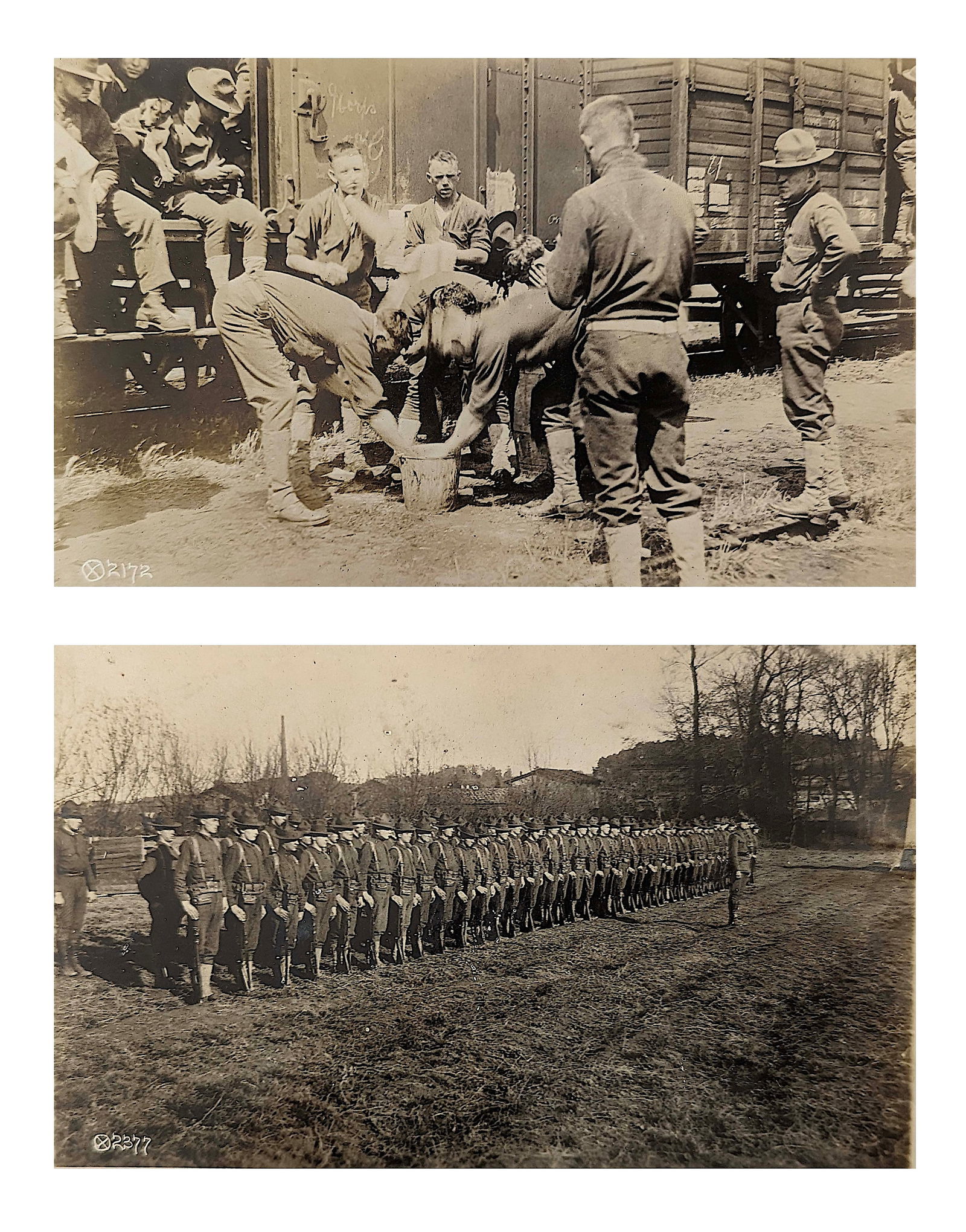 Vintage Pair Original Ca. 1910s Photos American Troops WWI: This lotincludes a scarce original pair of photographs and historical pair of original photographs of the allies troops during the WW1. Their provenance are from an antique album including original ic