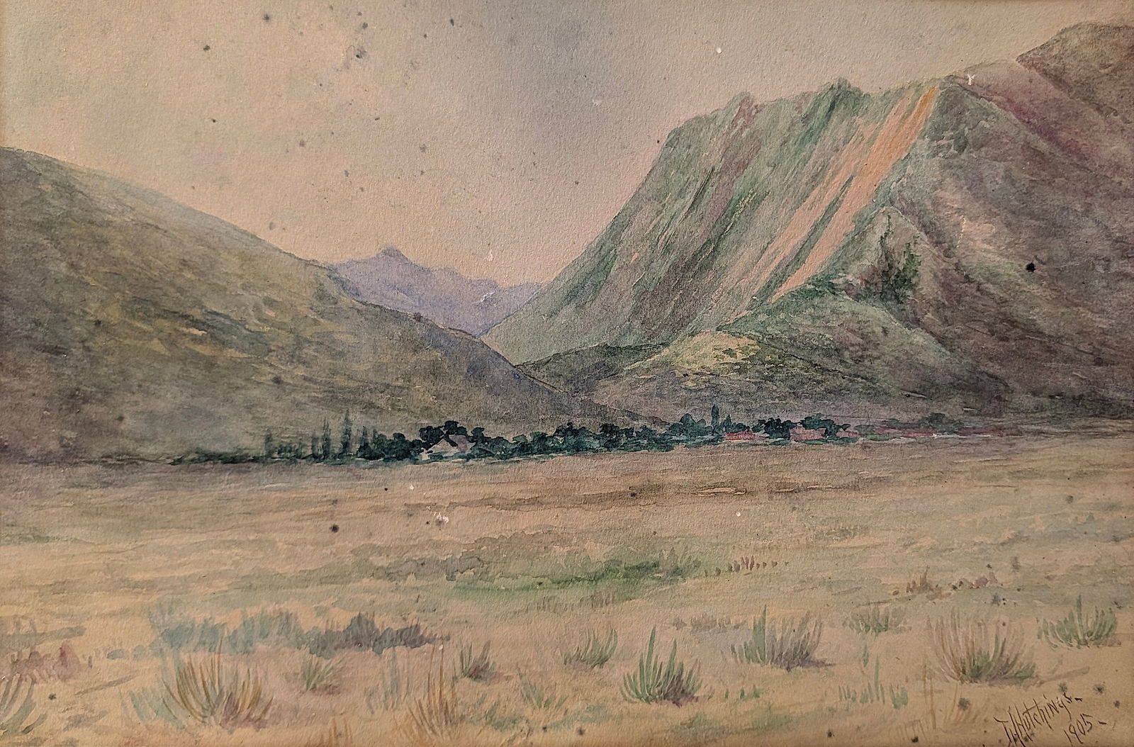 Vintage 1905 Art Watercolor Painting Mountain View by J. Hutchings: Provenance from the estate of a deceased collector in South Florida. The dimensions are Approx. 8" x 12". We have included quality images to show it's actual condition. This lot is located in Boca Rat