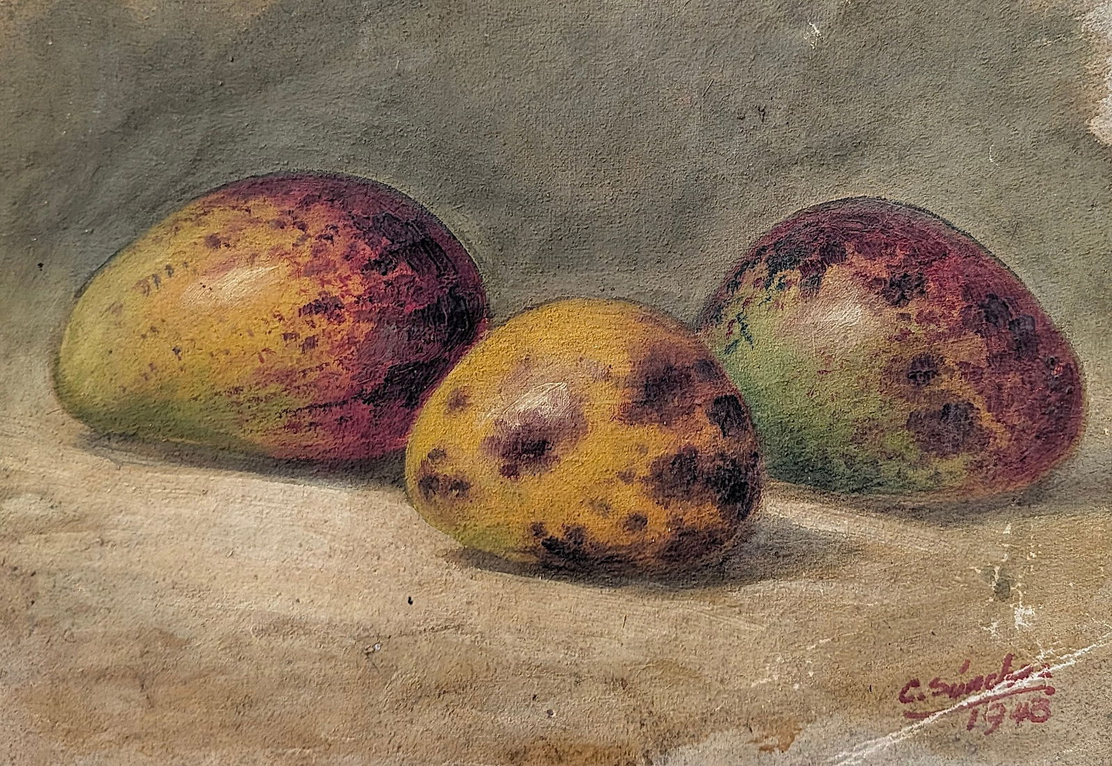 Vintage 1948 Oil on Canvas Still Life with Mangos Signed C. Sanchez: Provenance from the estate of a deceased collector in South Florida. The dimensions are Approx. 10" x 13". We have included quality images to show it's actual condition.This lot is located in Boca