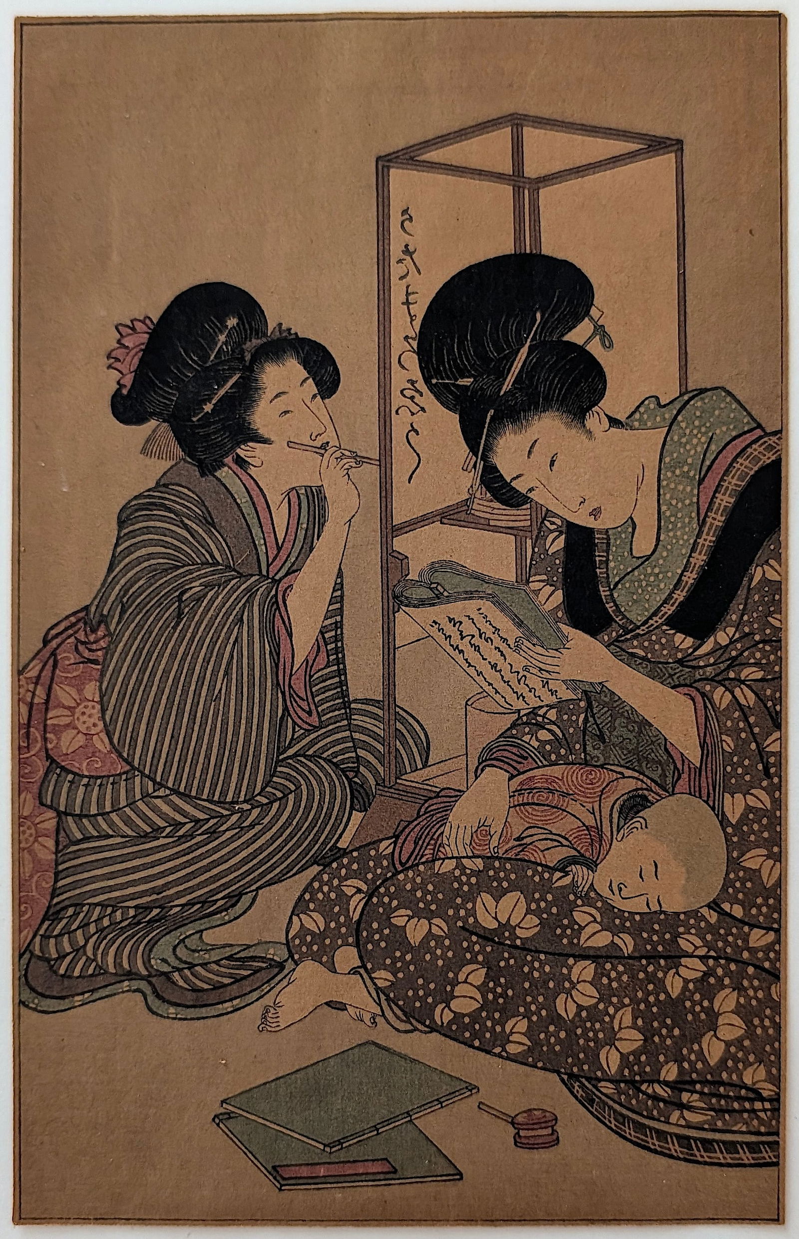 Kitagawa Utamaro (1754-1806) | Reading a book | Edo period, 19th century: Provenance from the estate of a deceased collector in South Florida. The dimensions are Approx. 7" x 4.5". We have included quality images to show it's actual condition.This lot is located in Boca