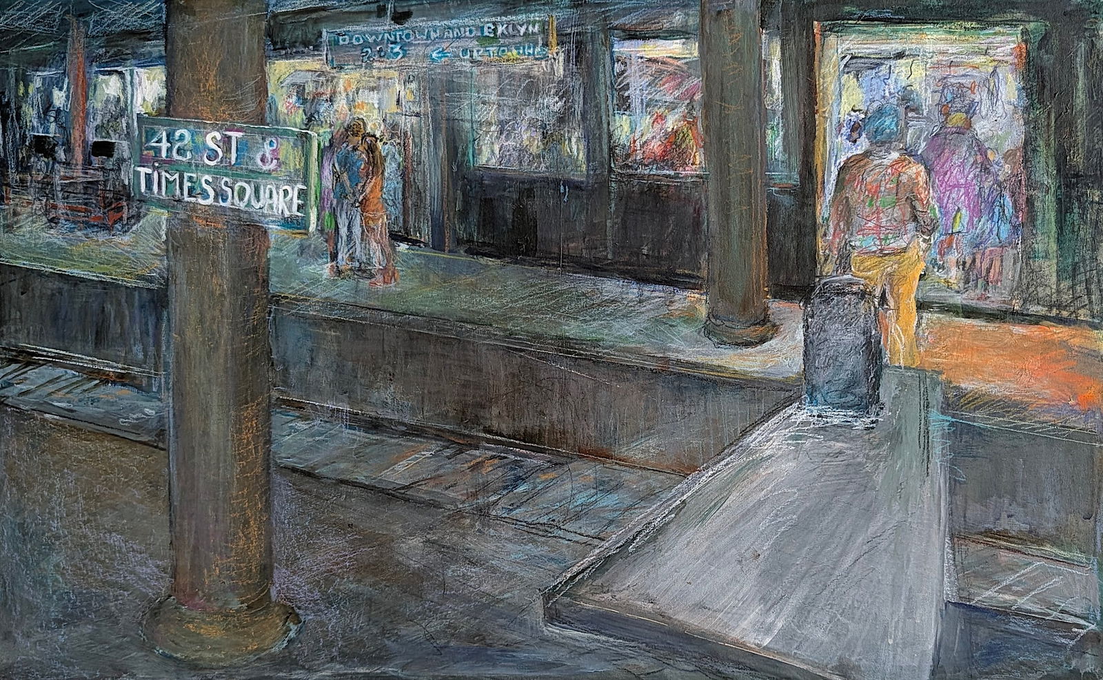 Illustration Subway 42 St & Times Square Station in New York City: This is a beautiful well done hand painted illustration of the subway platform at the 42 St & Times Square station in New York City. The provenance is from the estate of a deceased art collector in Pa