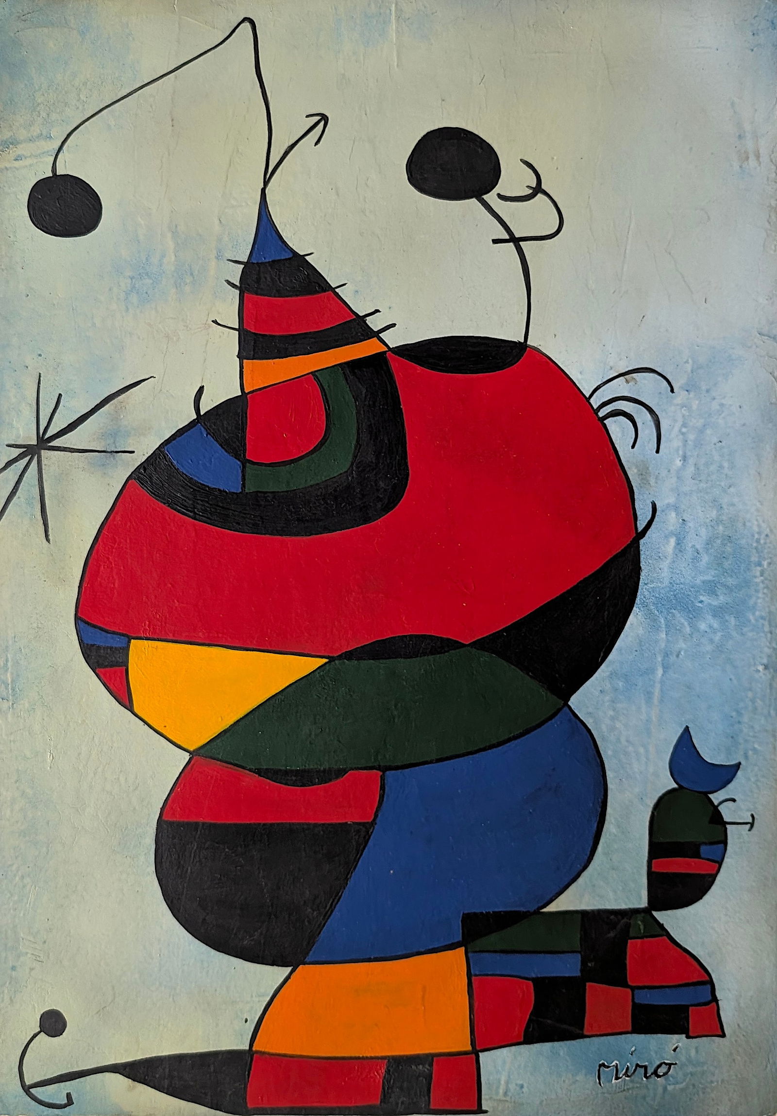 Vintage 20th C. Hand Painted Composition After JOAN MIRO: The provenance is from the estate of a deceased collector in Miami Beach and most probably painted by a skilled copyist artist during the 20th. C.. The dimensions are Approx. 19.5" x 13.25". This oil