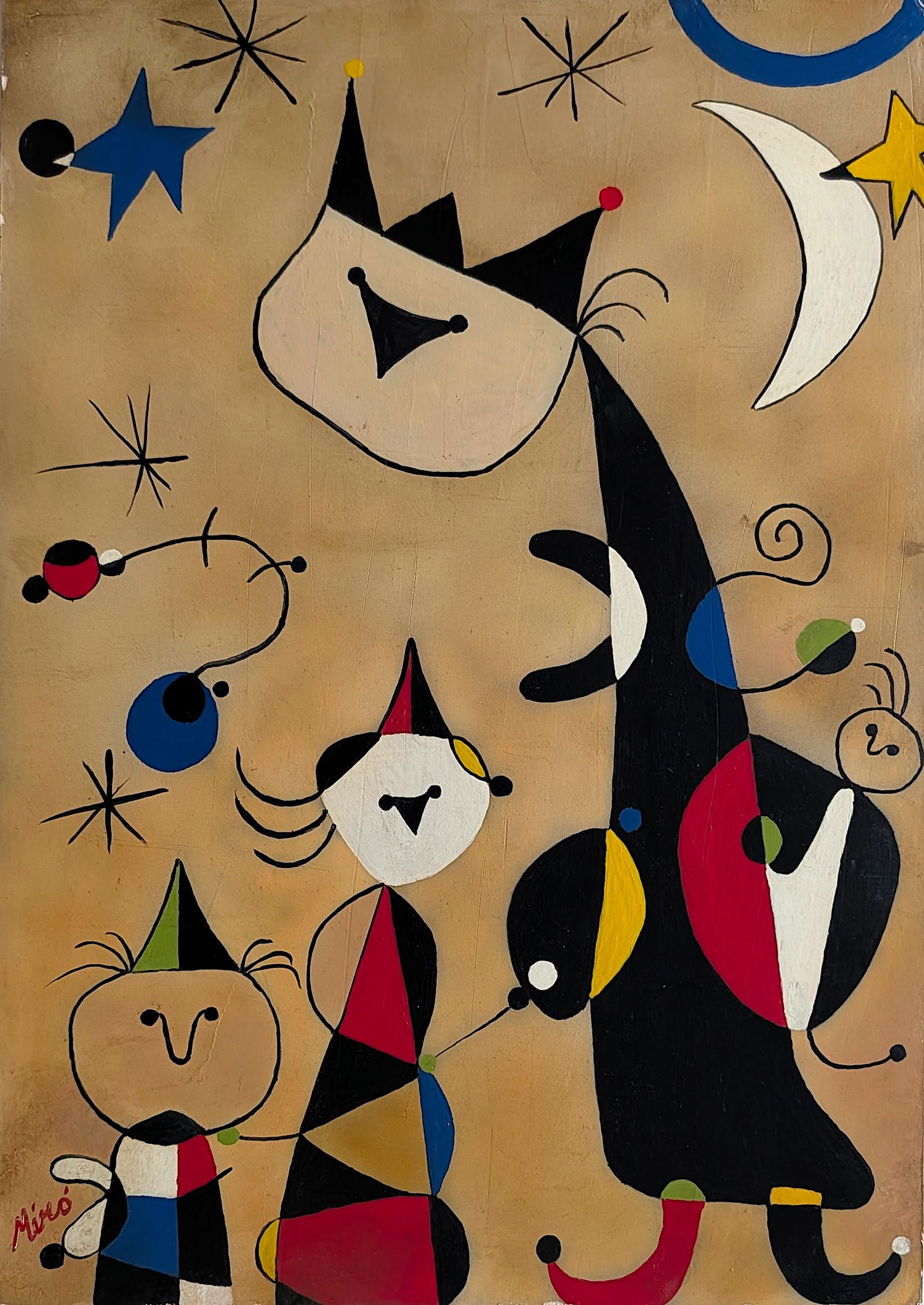 Vintage 20th C. Hand Painted Composition After JOAN MIRO: The provenance is from the estate of a deceased collector in Miami Beach and most probably painted by a skilled copyist artist during the 20th. C.. The dimensions are Approx. 19.5" x 13.25". This oil