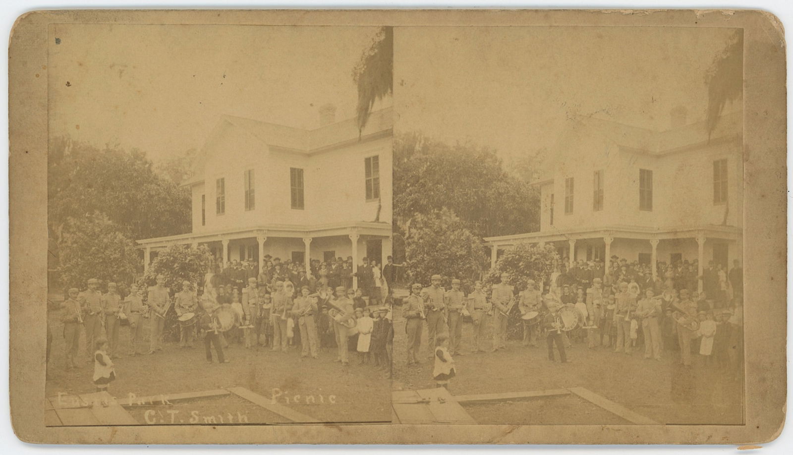 Vintage Antique Real Photo Stereoview Card EUSTIS CORNET BAND, 1880S: The provenance of this item is the forgotten (for many years) inventories of Artelisted. Most of these findings are vintage postcards and/or tradecards. The regular size of a postcard/tradecard is app