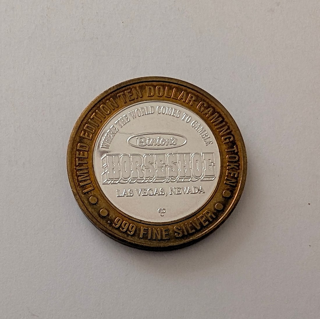 Binion's Horseshoe Casino Ltd. Ed. $10 Gaming Silver Token: It is a collectible "Silver Strike" token, which were popular in Las Vegas casinos. The center is made of .999 fine silver. It has approximately 0.6 troy oz .999 Silver and the vintage design can be r