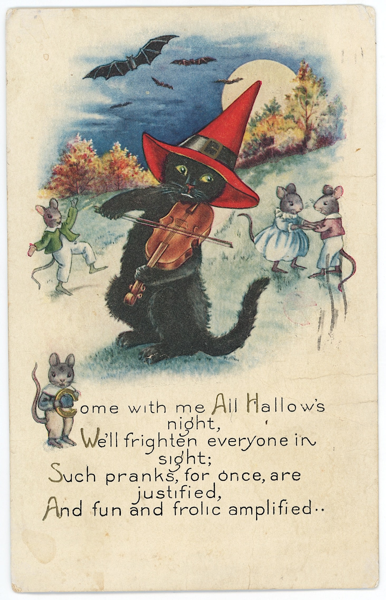 Vintage Postcard featuring a "Halloween Black Cat Poem". (1 of 2)