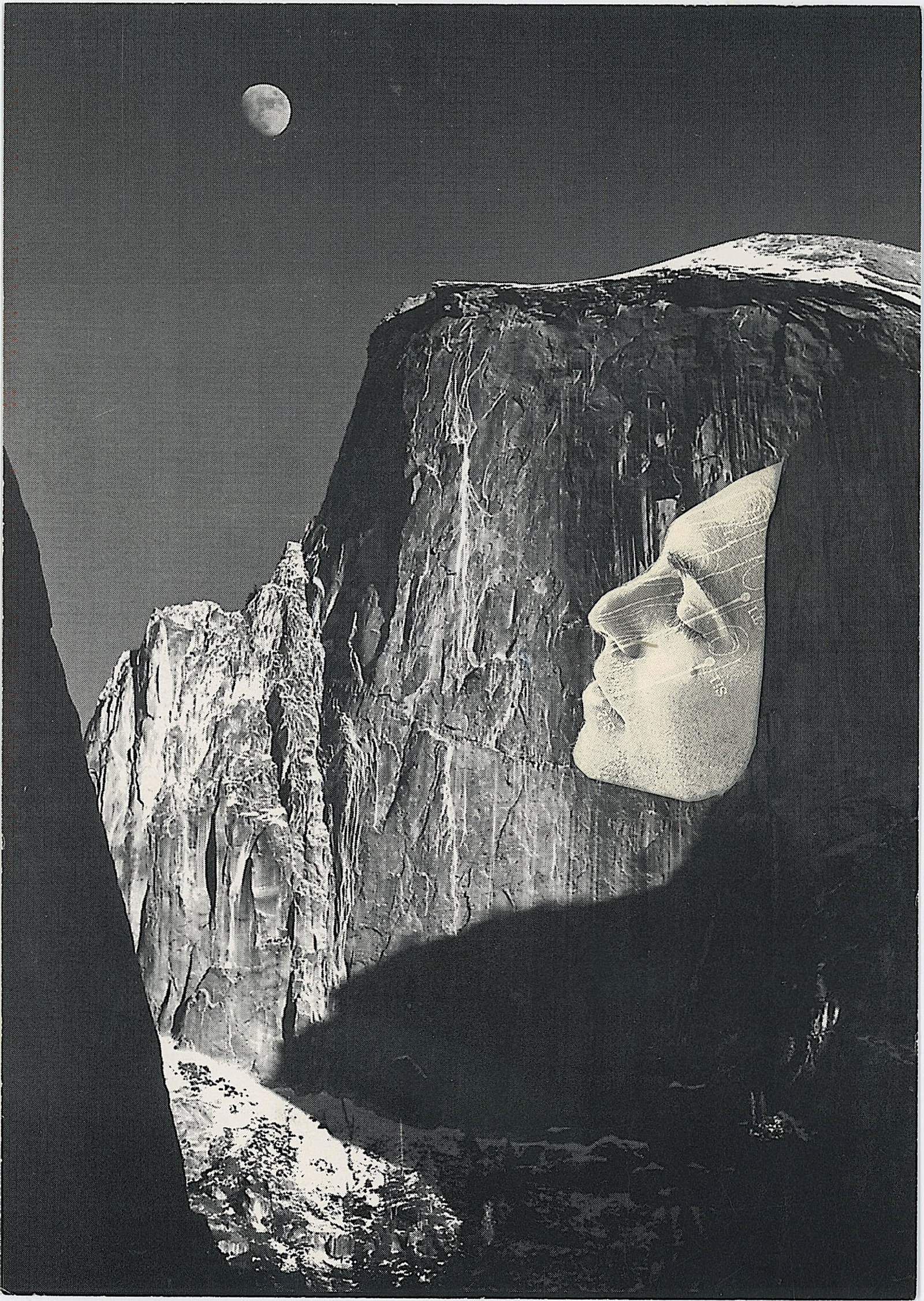 HARRIET TANNIN (1929-2009) Original Hand Signed Collage: Surrealist Collage on Postcard tittle "Moon Over Half Dome" by artist Ansel Adams, blending landscape photography with portraiture. Harriet Tannin, photographer, painter, sculptor, political activist,