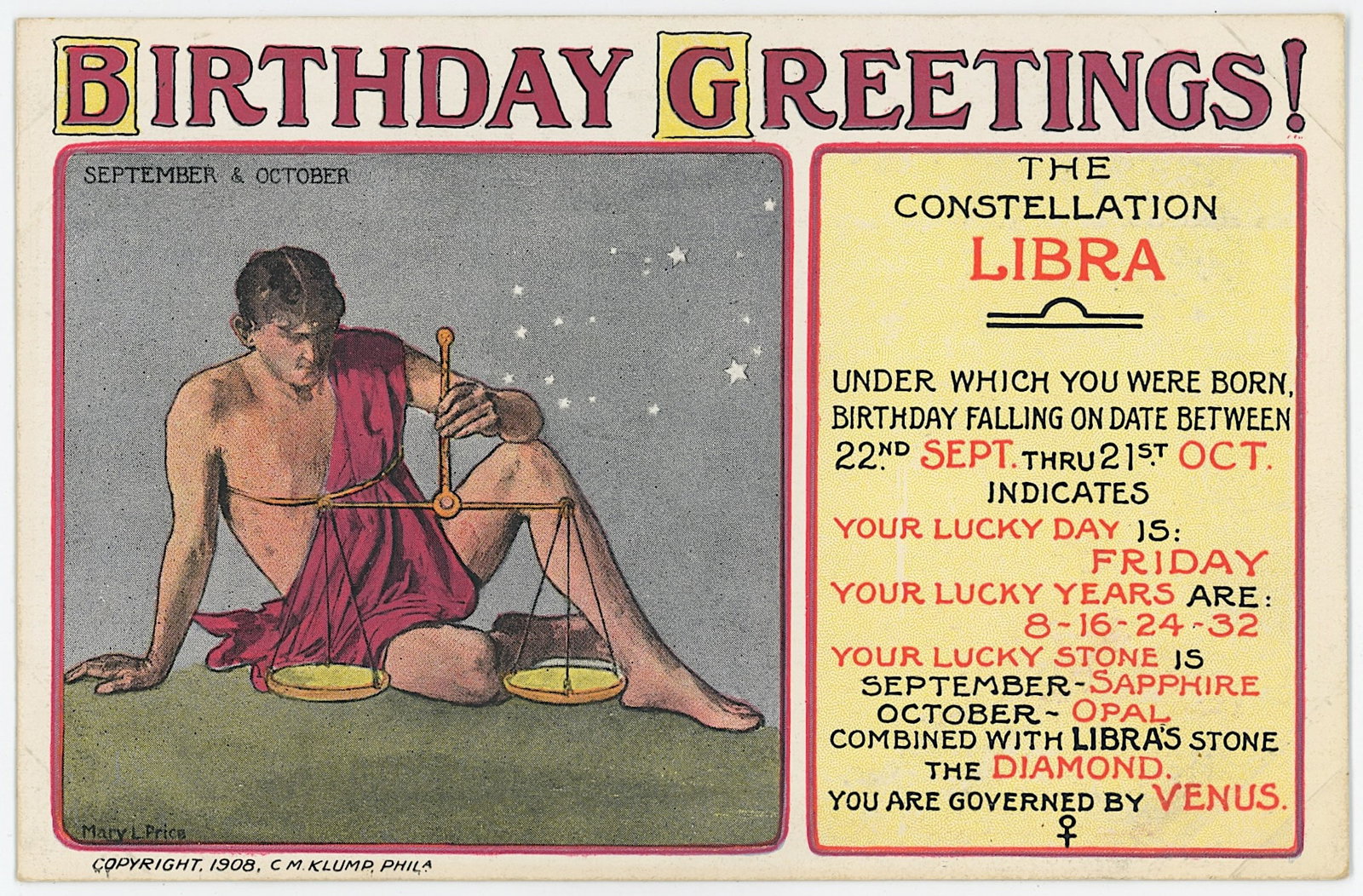 Vintage Rare Zodiac PC 1908 by C.M. Klump of Phil.: Collectible from the inventories of Artelisted. All the items purchased through Artelisted must be shipped. We no longer offer or accept local pick-ups for any sold lots. The shipment will be made dir