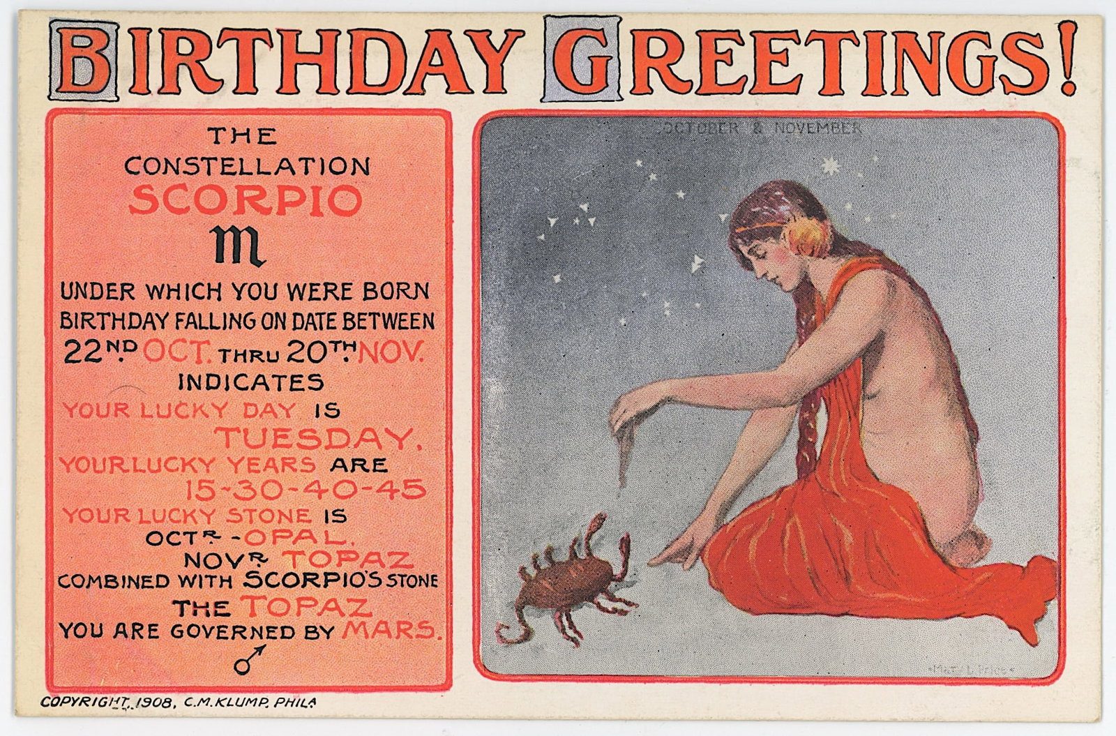Vintage Rare Zodiac PC 1908 by C.M. Klump of Phil.: Collectible from the inventories of Artelisted. All the items purchased through Artelisted must be shipped. We no longer offer or accept local pick-ups for any sold lots. The shipment will be made dir