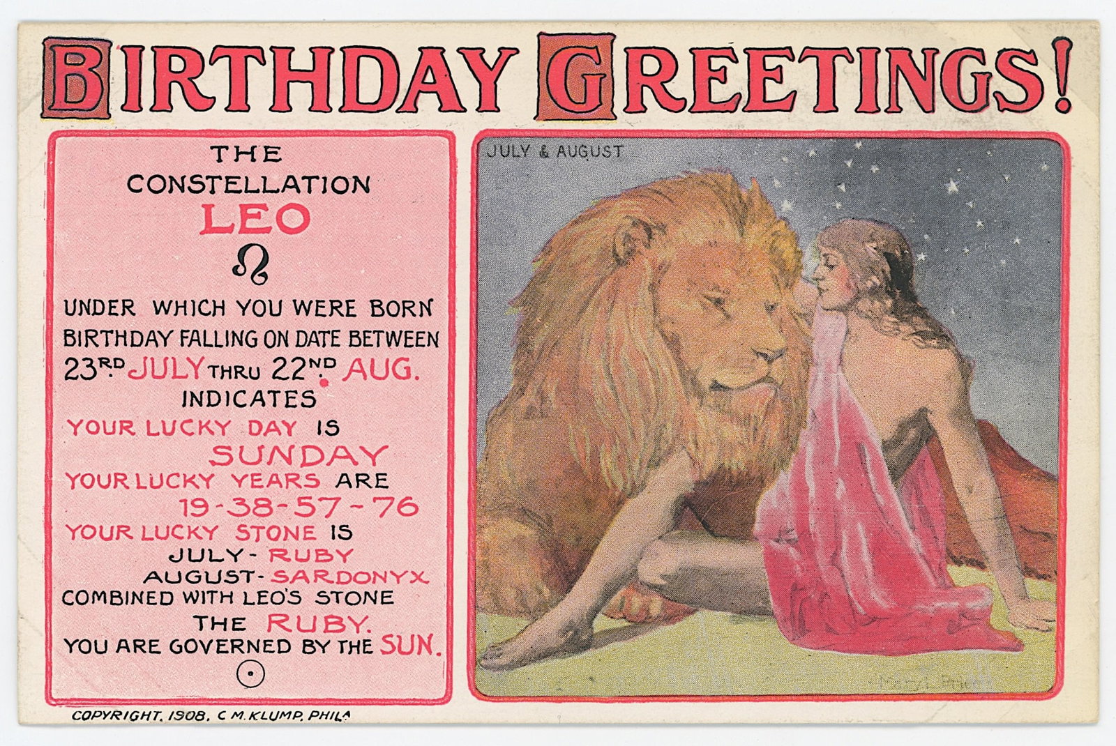 Vintage Rare Zodiac PC 1908 by C.M. Klump of Phil.: Collectible from the inventories of Artelisted. All the items purchased through Artelisted must be shipped. We no longer offer or accept local pick-ups for any sold lots. The shipment will be made dir