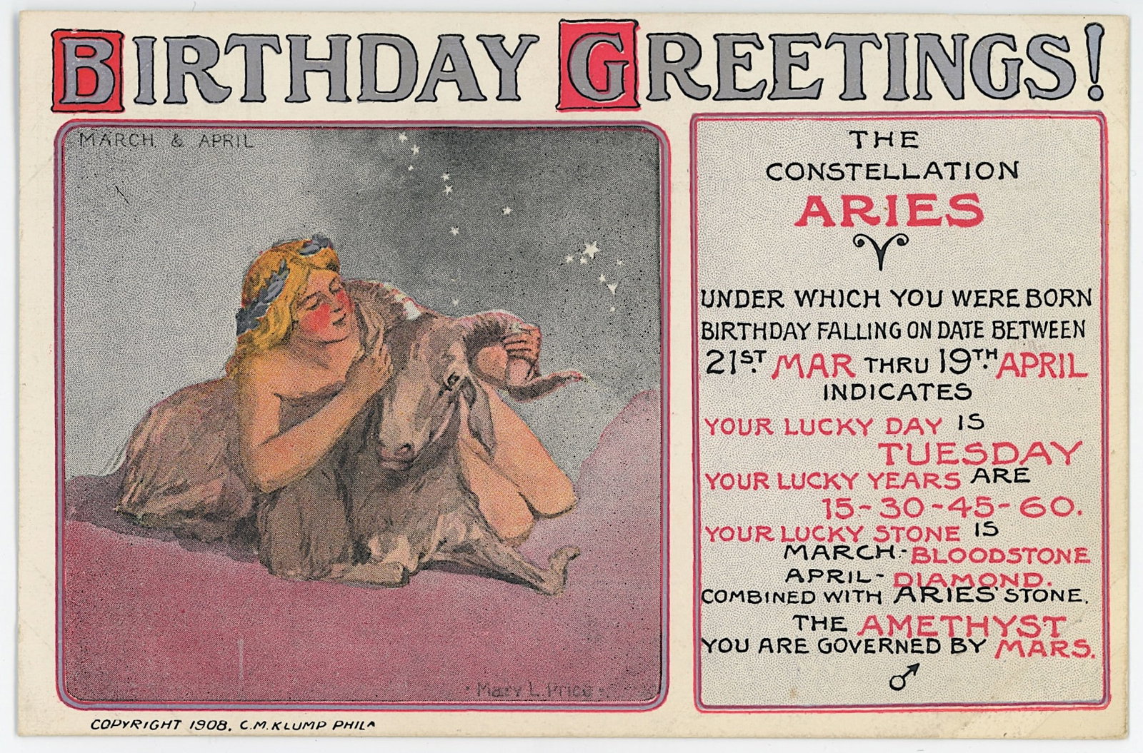 Vintage Rare Zodiac PC 1908 by C.M. Klump of Phil.: Collectible from the inventories of Artelisted. All the items purchased through Artelisted must be shipped. We no longer offer or accept local pick-ups for any sold lots. The shipment will be made dir