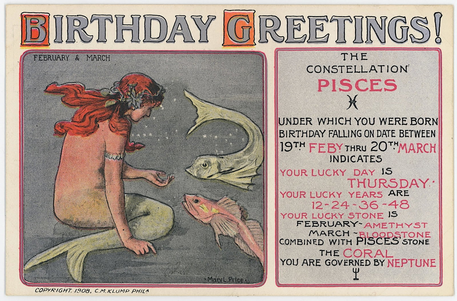 Vintage Rare Zodiac PC 1908 by C.M. Klump of Phil.: Collectible from the inventories of Artelisted. All the items purchased through Artelisted must be shipped. We no longer offer or accept local pick-ups for any sold lots. The shipment will be made dir
