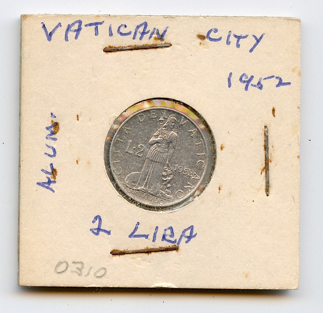 Coin Collectors 1952 Vatican City Alum. 2 Lira: This coin is from the estate of deceased collector in South Florida. We have included quality images to show it's actual condition. All the items purchased through Artelisted must be shipped. We no lo
