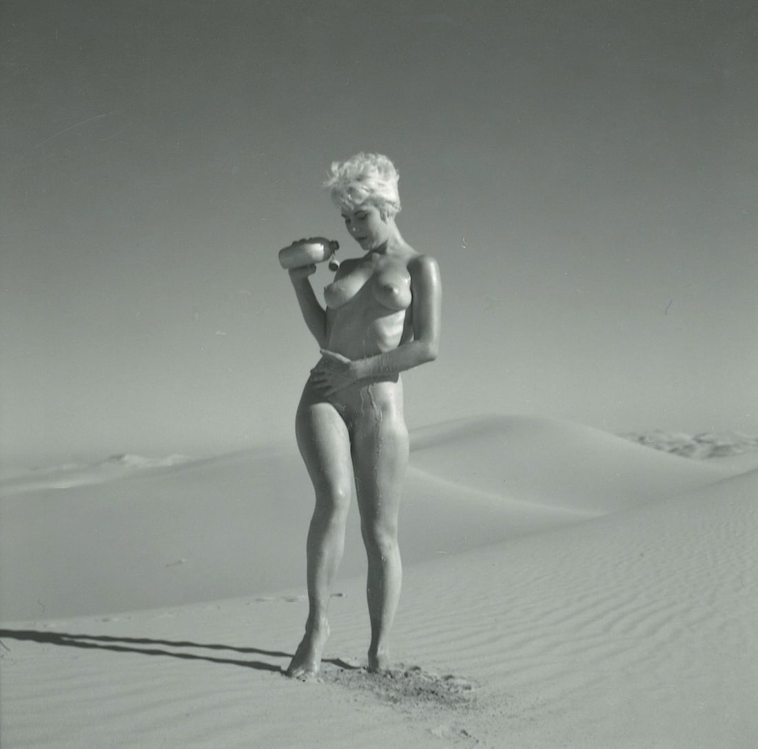 ANDRÉ DE DIENES Vintage Photo 1950s-1960s Nude Study: The provenance of this photo is from the archives of notable photographer André de Dienes. The dimensions are Approx. 2" x 2.25" (variances can occur). This black and white gelatin photo was printed