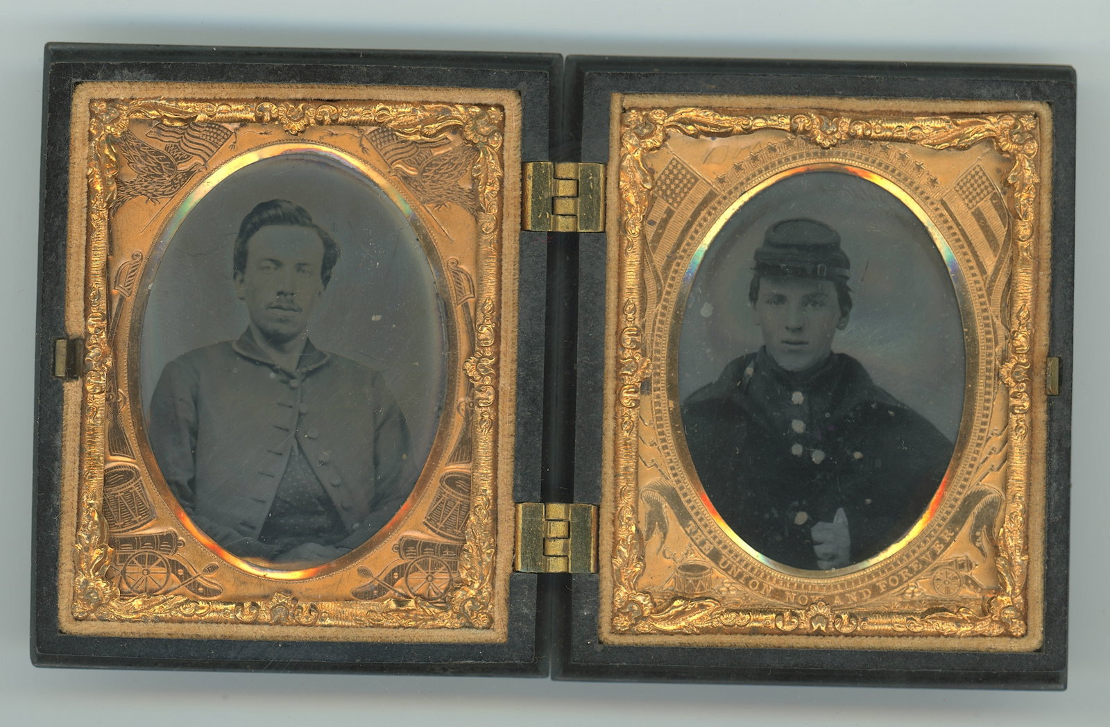 Antique Civil War Era Double Portrait of Soldier: This photograph was part of the estate of a deceased collector in GA. This collection includes a very interesting group of tintypes, daguerrotypes and CDVs mainly from the American Civil War Era. The 