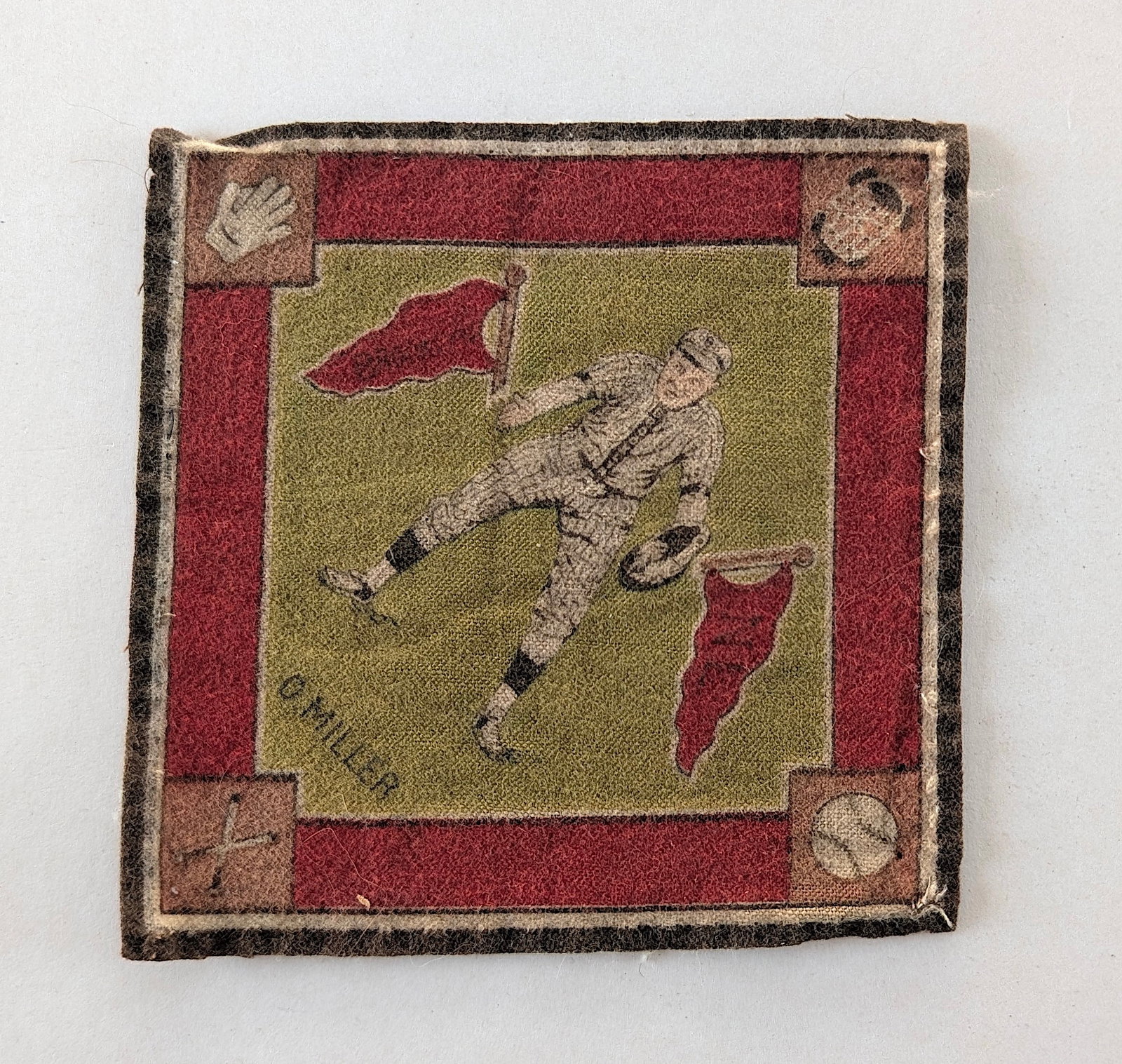 Vintage 1914 Baseball Tobacco Felt Blanket: The provenance of this item is the forgotten (for many years) inventories of Artelisted. The dimensions are Approx. 5.25" x 5.25" (variances can occur). This black and white gelatin photo was printed 
