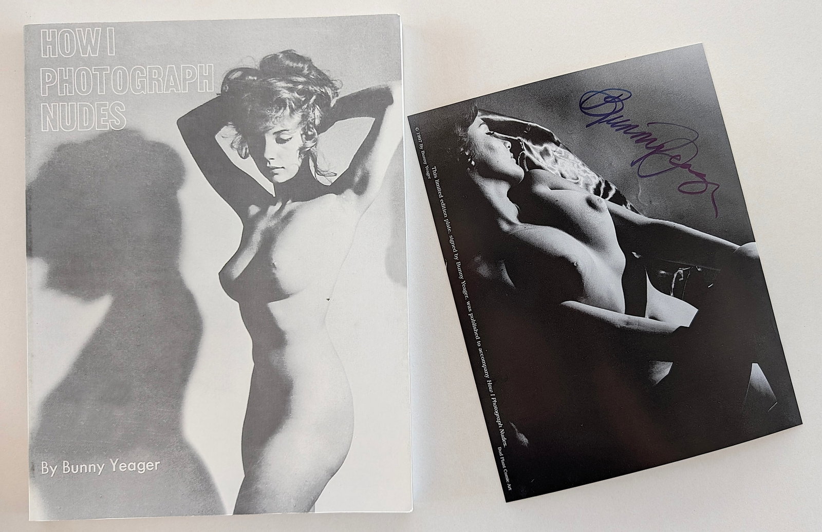 IMPORTANT SIGNED EPHEMERA Pin-Up by BUNNY YEAGER: How I photograph Nudes by Bunny Yeager + Autographed Art Plate. This lot is consigned by a collector in RI. The provenance is from Bunny Yeager's estate/archives. Linnea Eleanor "Bunny" Yeager (March 